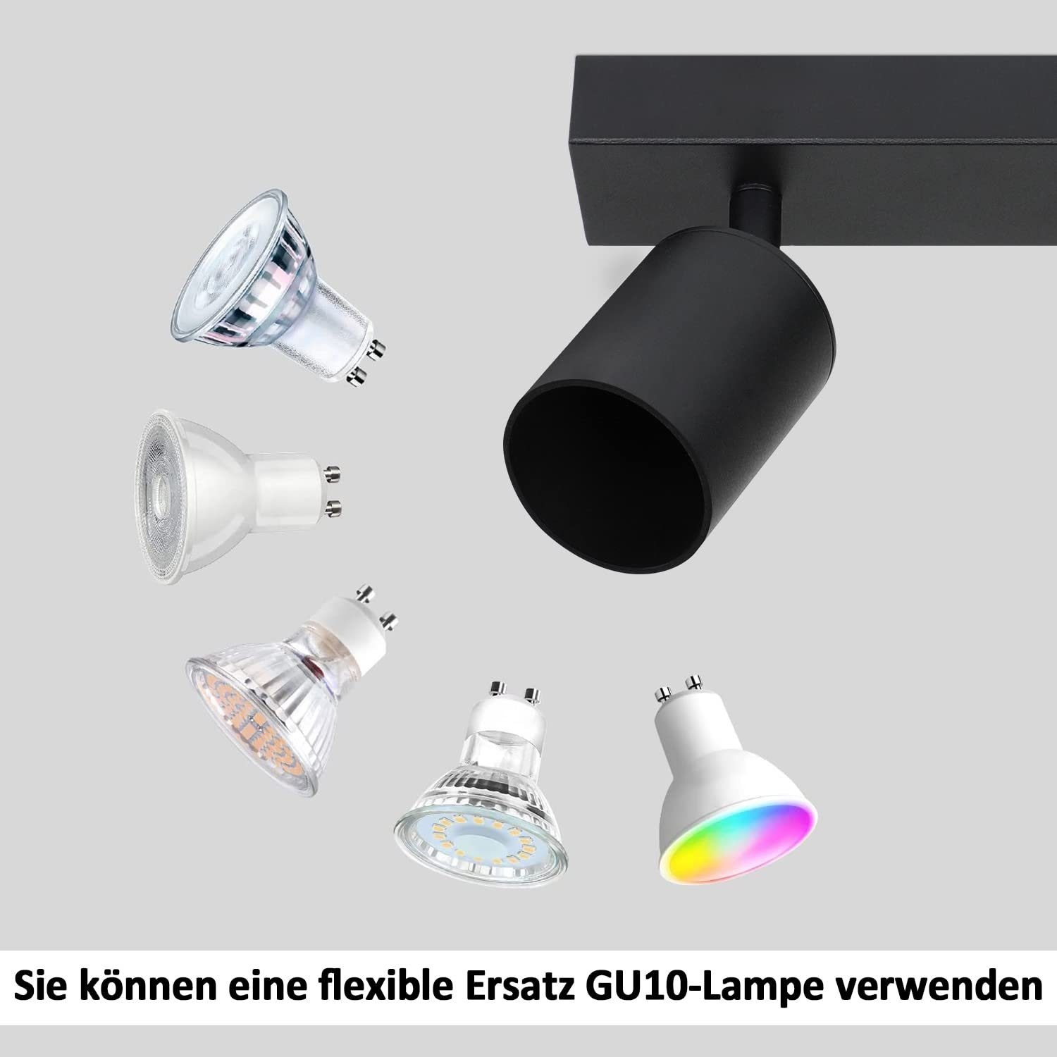 Czarny reflektor z różnymi rodzajami żarówek, z niemieckim tekstem na dole.