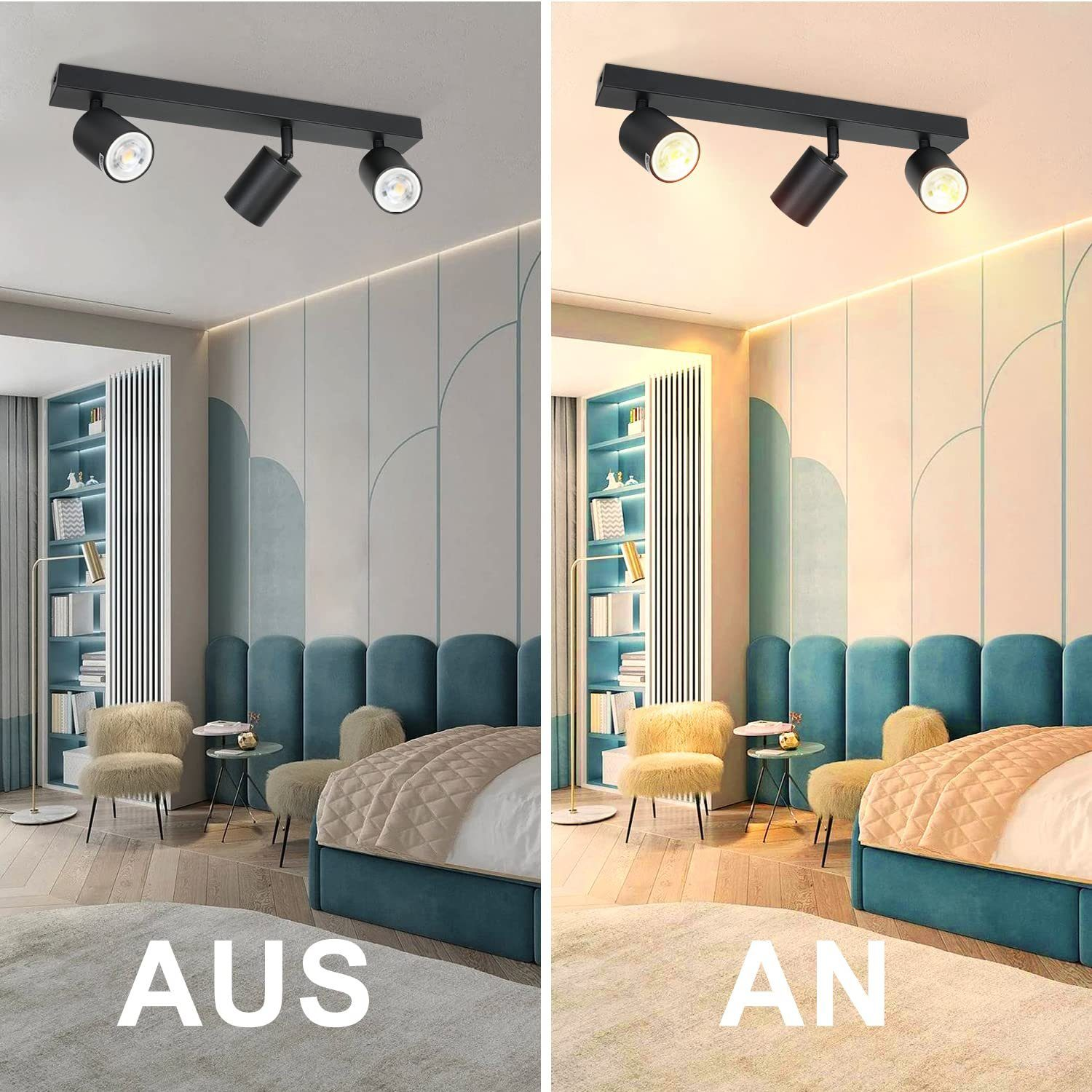 Pokój z dwoma różnymi ustawieniami oświetlenia: 'AUS' (wyłączone) i 'AN' (włączone), pokazujący nastrój.