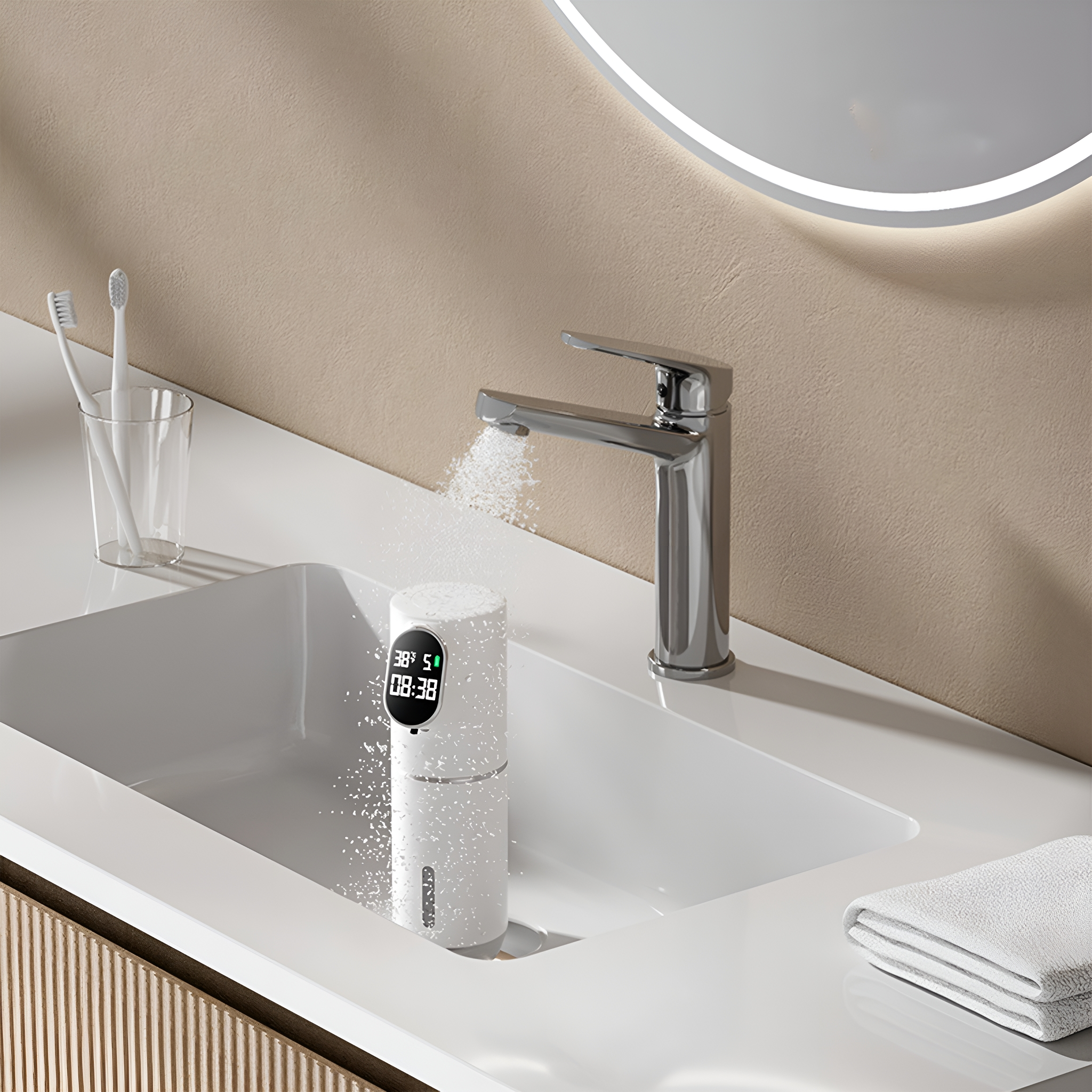 Ein Wasserhahn mit Wasser, das in ein Waschbecken fließt, mit Digitalanzeige und Handtuch.