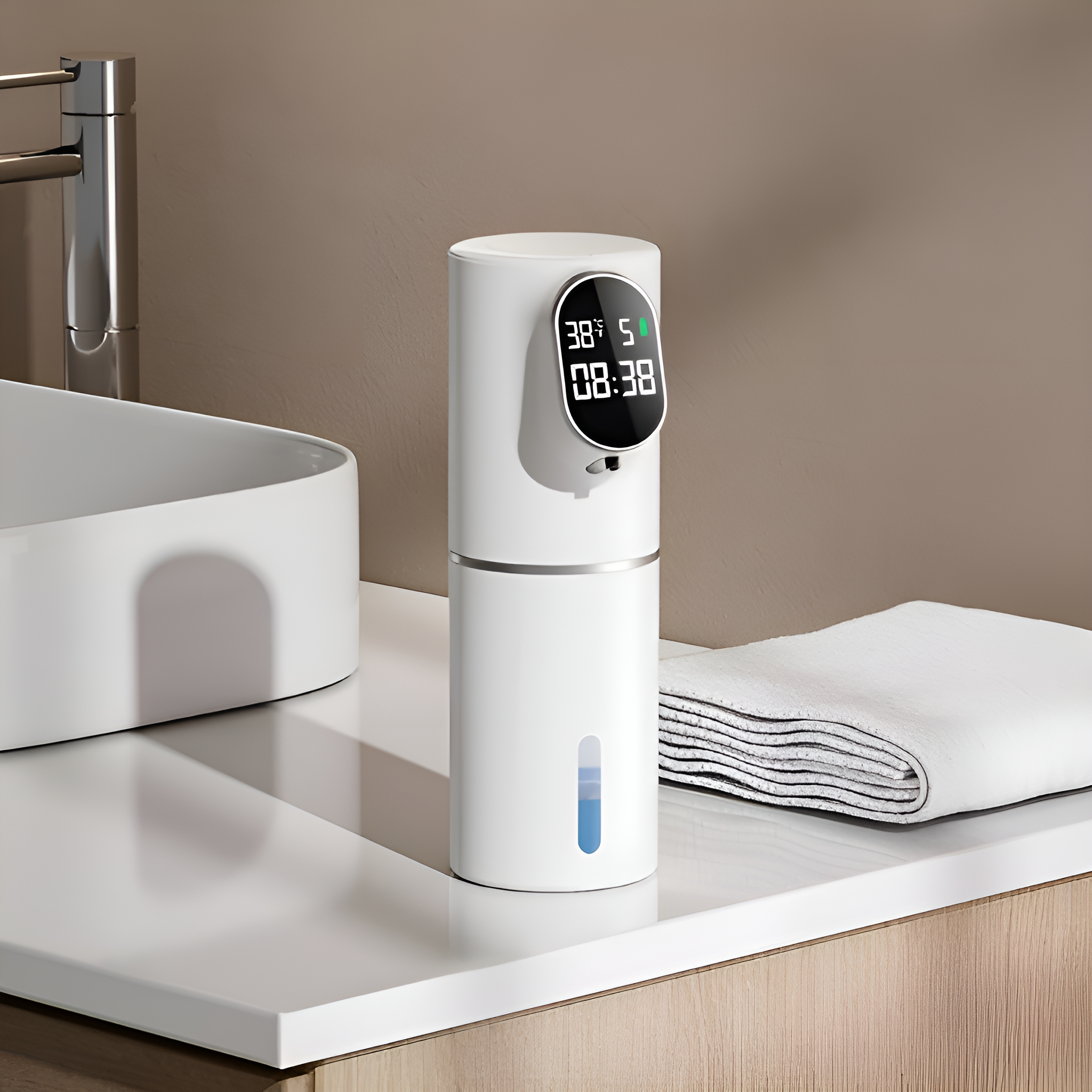 Weißer, automatischer Seifenspender auf einer Theke mit Digitalanzeige für Uhrzeit und Temperatur.