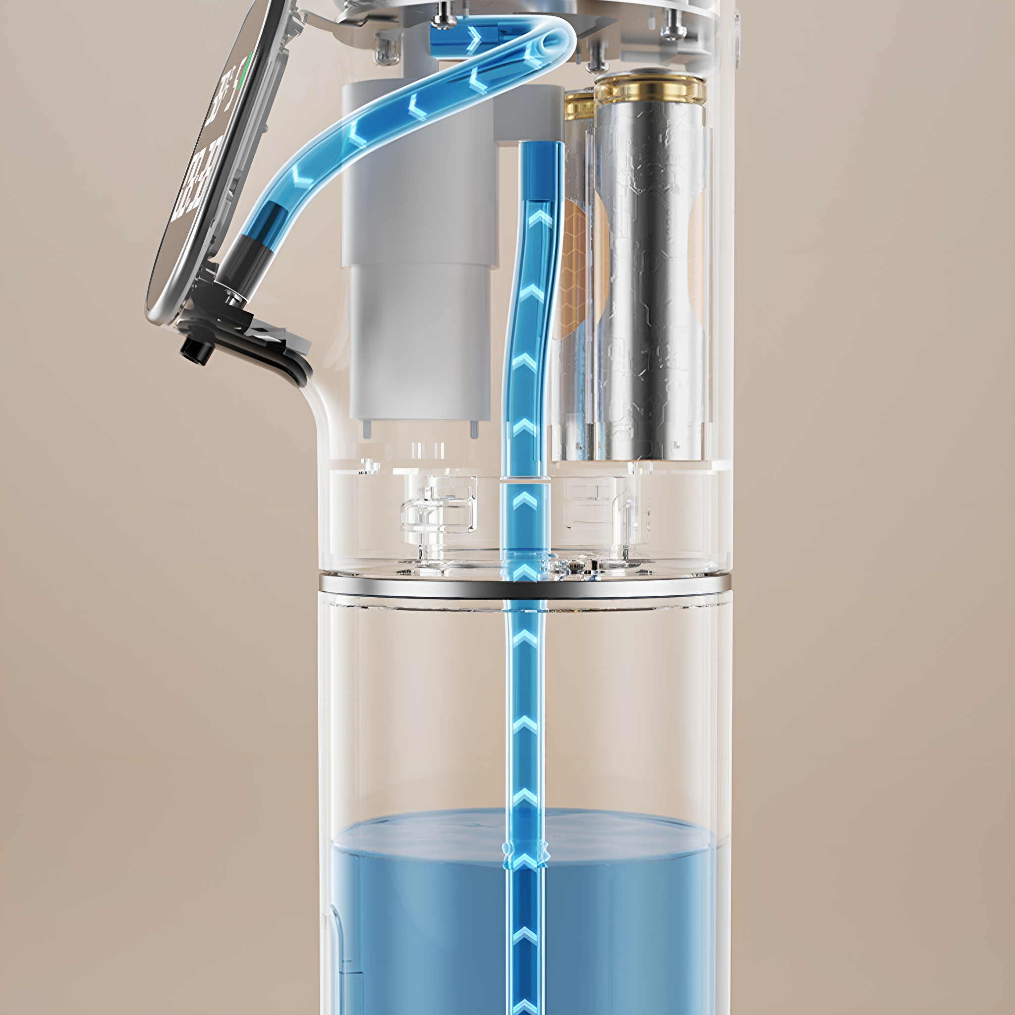 Transparenter automatischer Seifenspender mit blauen Flüssigkeitslinien, zeigt Innenteile.