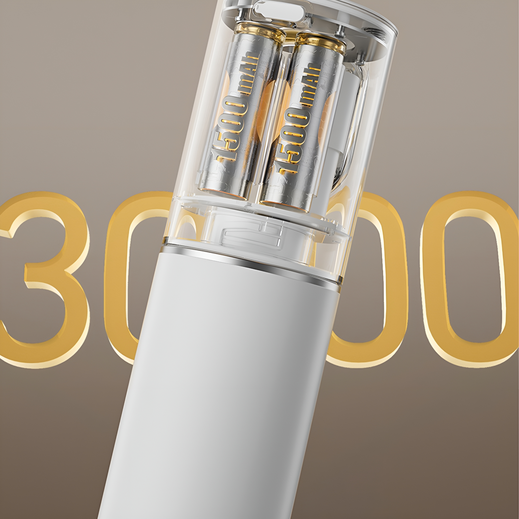 Ein klarer Plastikzylinder mit zwei AA-Batterien, mit der Zahl 3000 in goldenen Buchstaben.