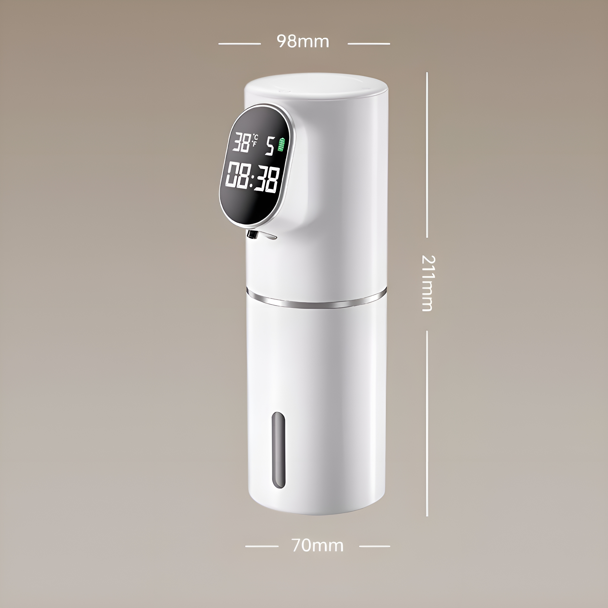 Weißer, automatischer Seifenspender mit LCD, das Temperatur und Uhrzeit anzeigt.
