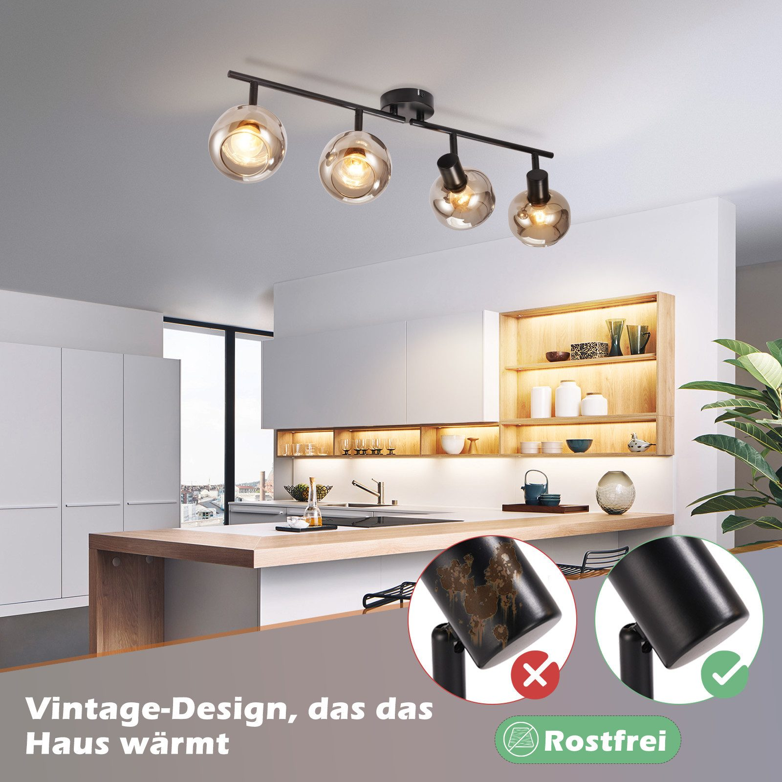 Scena kuchenna z oświetleniem szynowym i tekstem "Vintage-Design, das das Haus wärmt".