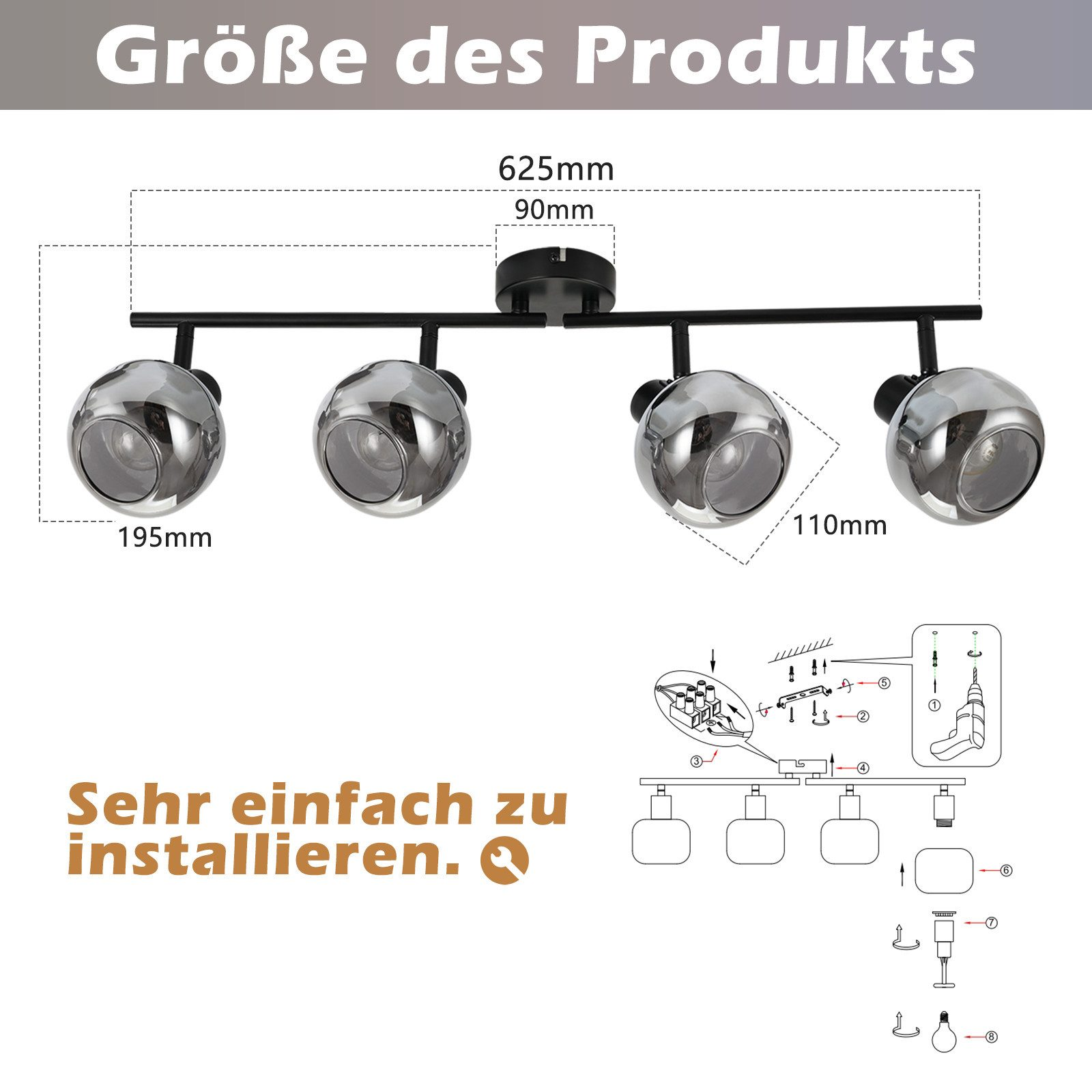 Schemat pokazujący wymiary reflektora sufitowego, ze szczegółami dotyczącymi instalacji.