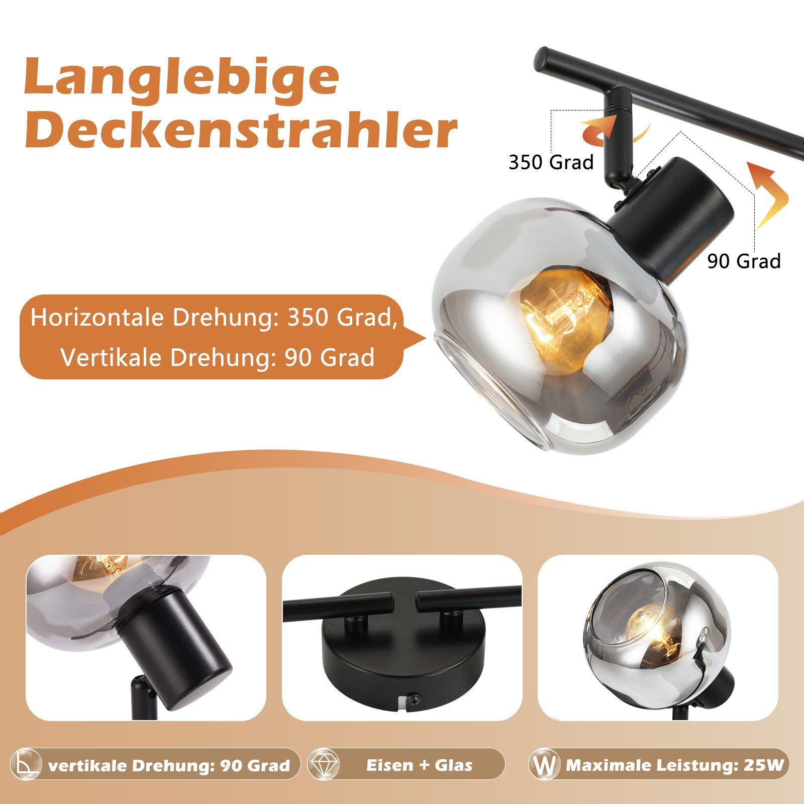 Reflektory sufitowe. Regulowana głowica. Podświetlona żarówka. Tekst opisuje stopnie obrotu.