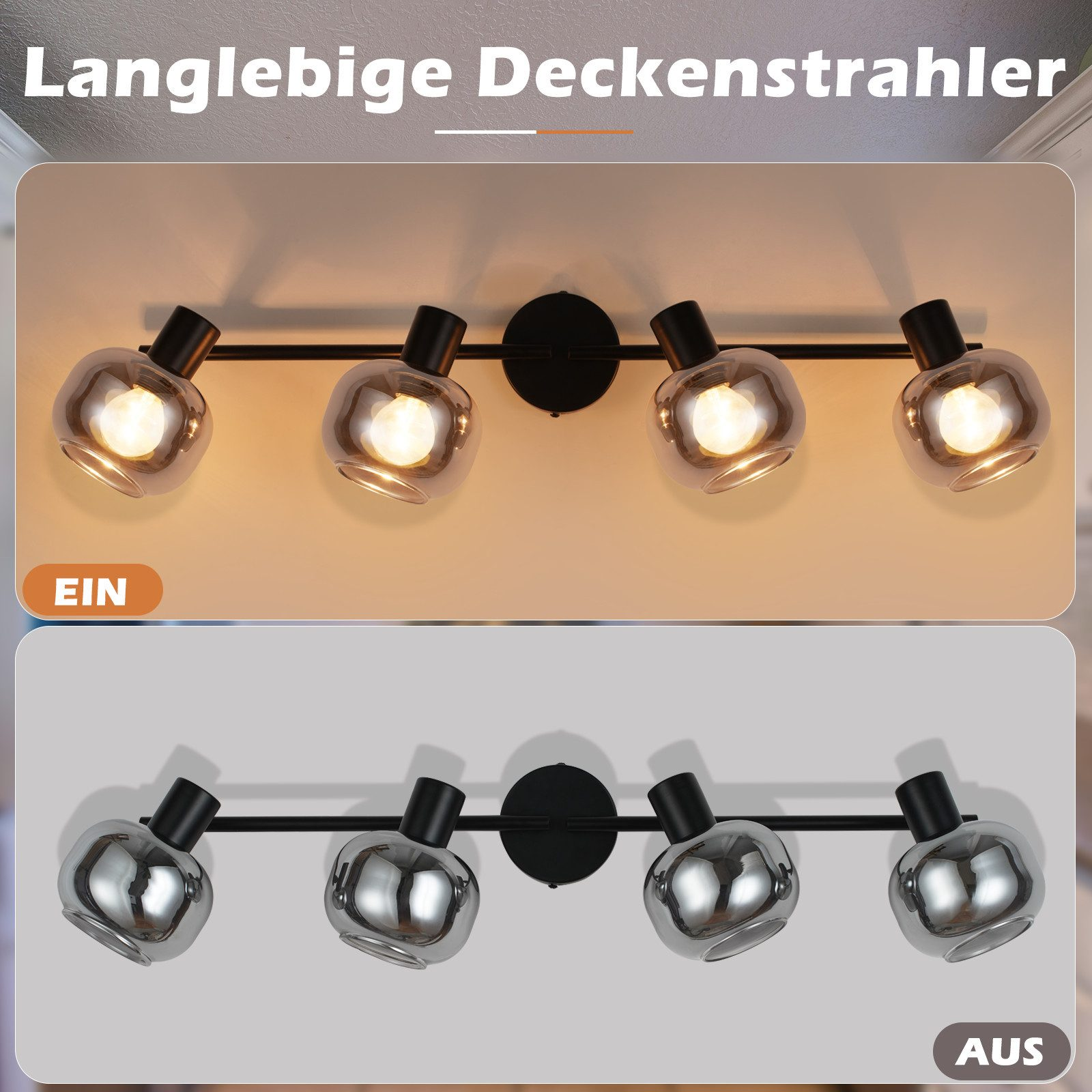 Dwa obrazy reflektorów sufitowych; góra: światła włączone, dół: światła wyłączone.
