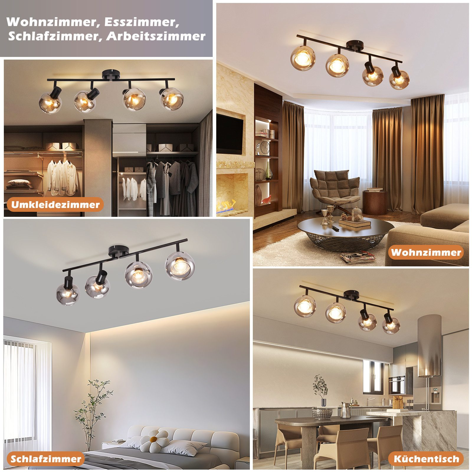 Kolaż pomieszczeń z oświetleniem sufitowym. Pokazuje salon, sypialnię, kuchnię i inne.