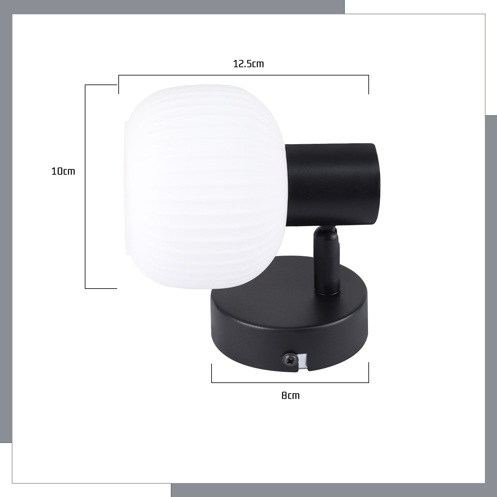 Czarna lampa ścienna z białym, zaokrąglonym kloszem. Podano wymiary. Lampa ma włącznik.