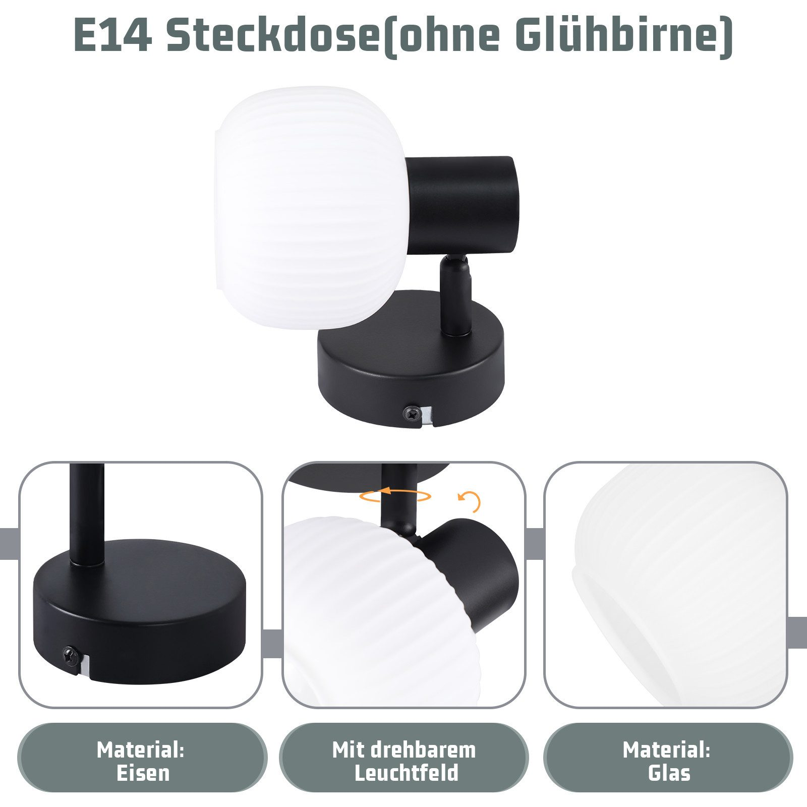 Czarna lampa ścienna z białym, żebrowanym kloszem. Trzy zdjęcia szczegółowe części lampy.