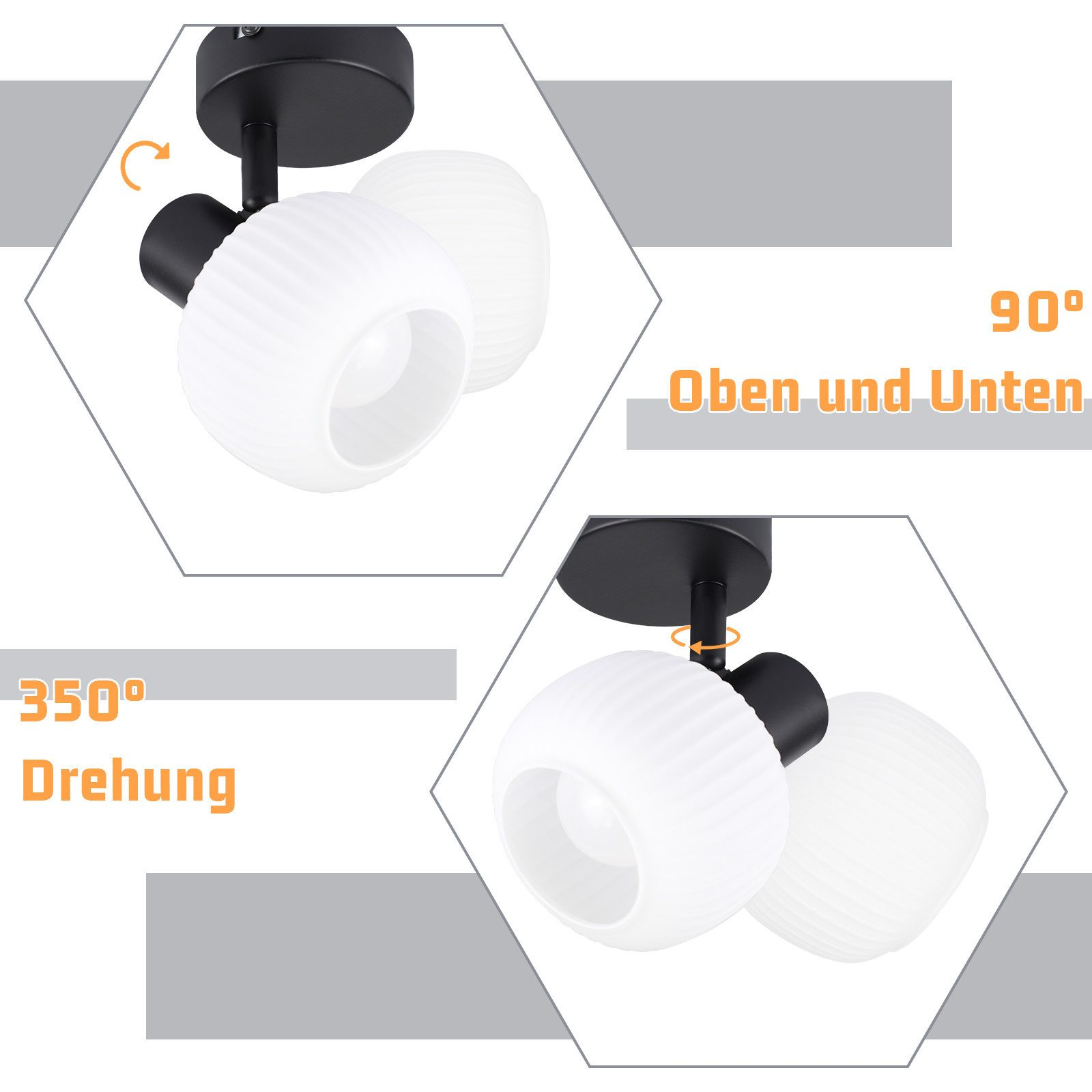 Dwa białe reflektory na czarnej podstawie, schematy pokazują obrót.