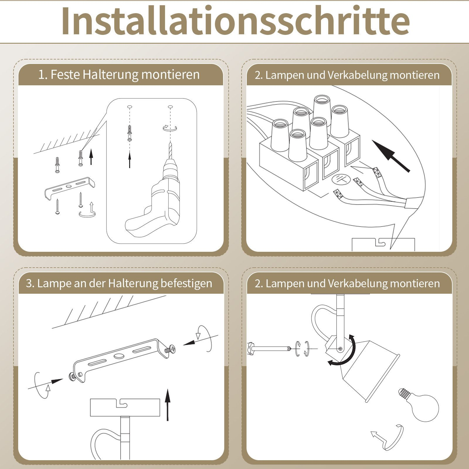 Schemat kroków instalacji z czterema panelami pokazującymi proces montażu.