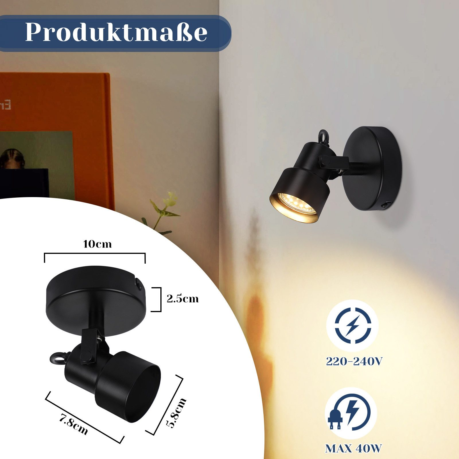 Czarna lampa ścienna z małą żarówką, wymiary są pokazane. Białe tło.