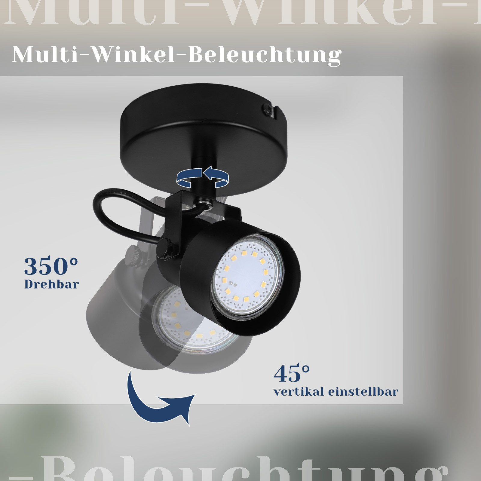Regulowany reflektor z czarnym wykończeniem, ze strzałką wskazującą regulację w pionie o 45 stopni.