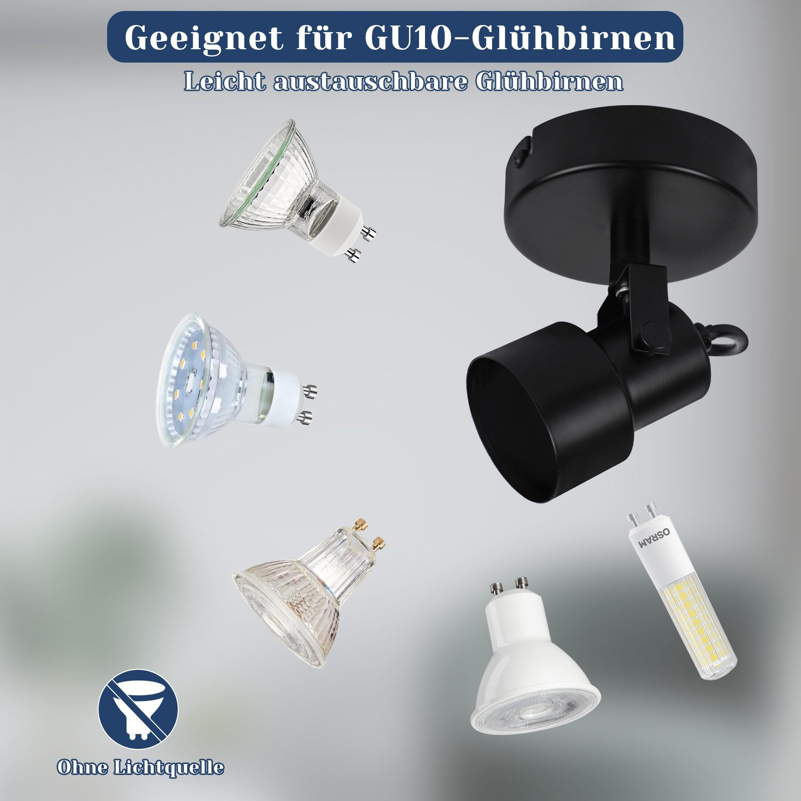 Różne żarówki GU10 i czarna oprawa reflektora.