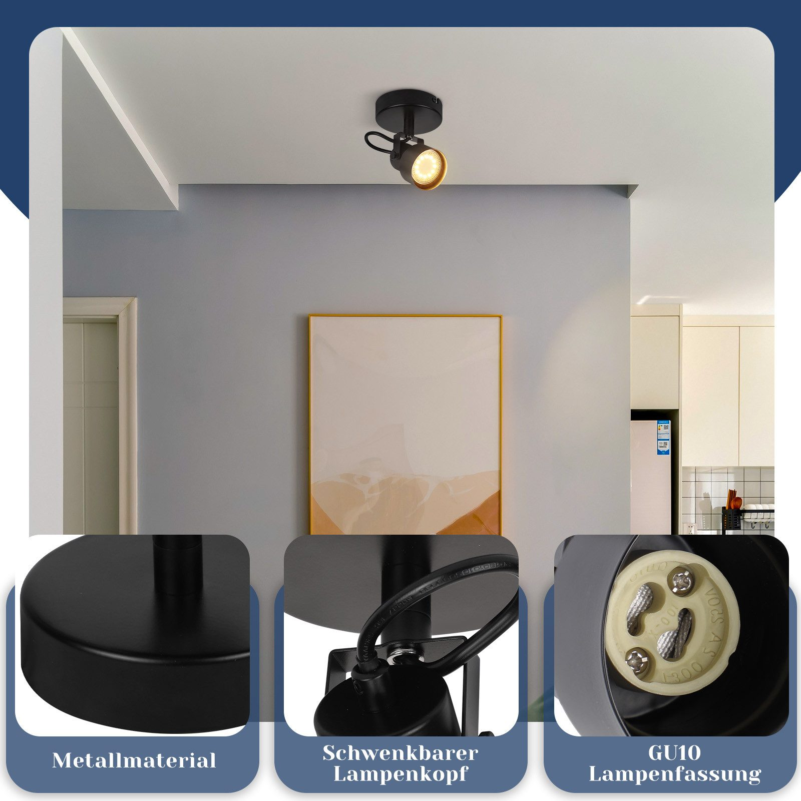 Reflektor sufitowy w pokoju, z pokazanymi szczegółami elementów lampy.