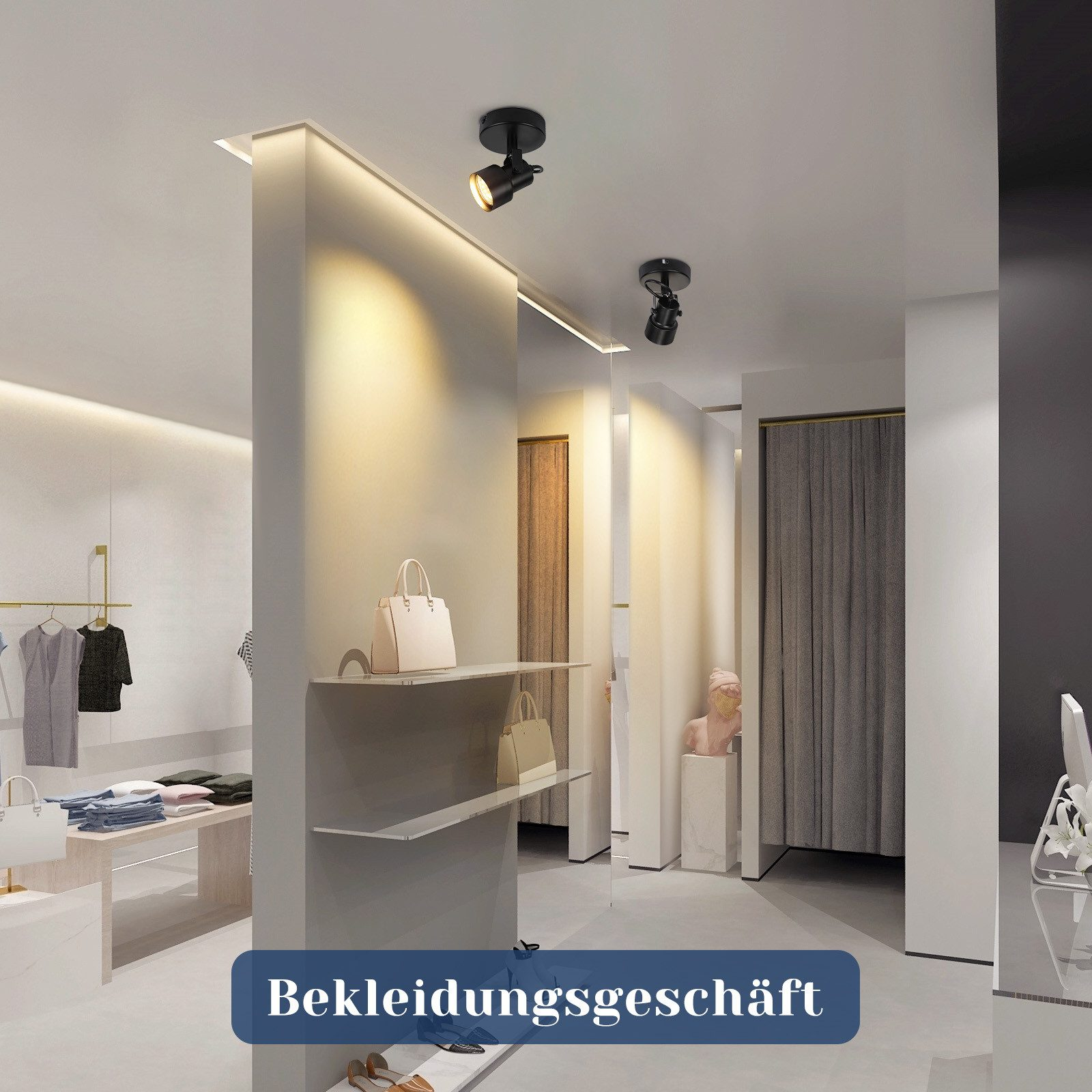 Wnętrze sklepu odzieżowego z oświetleniem, półkami i znakiem "Bekleidungsgeschaft".