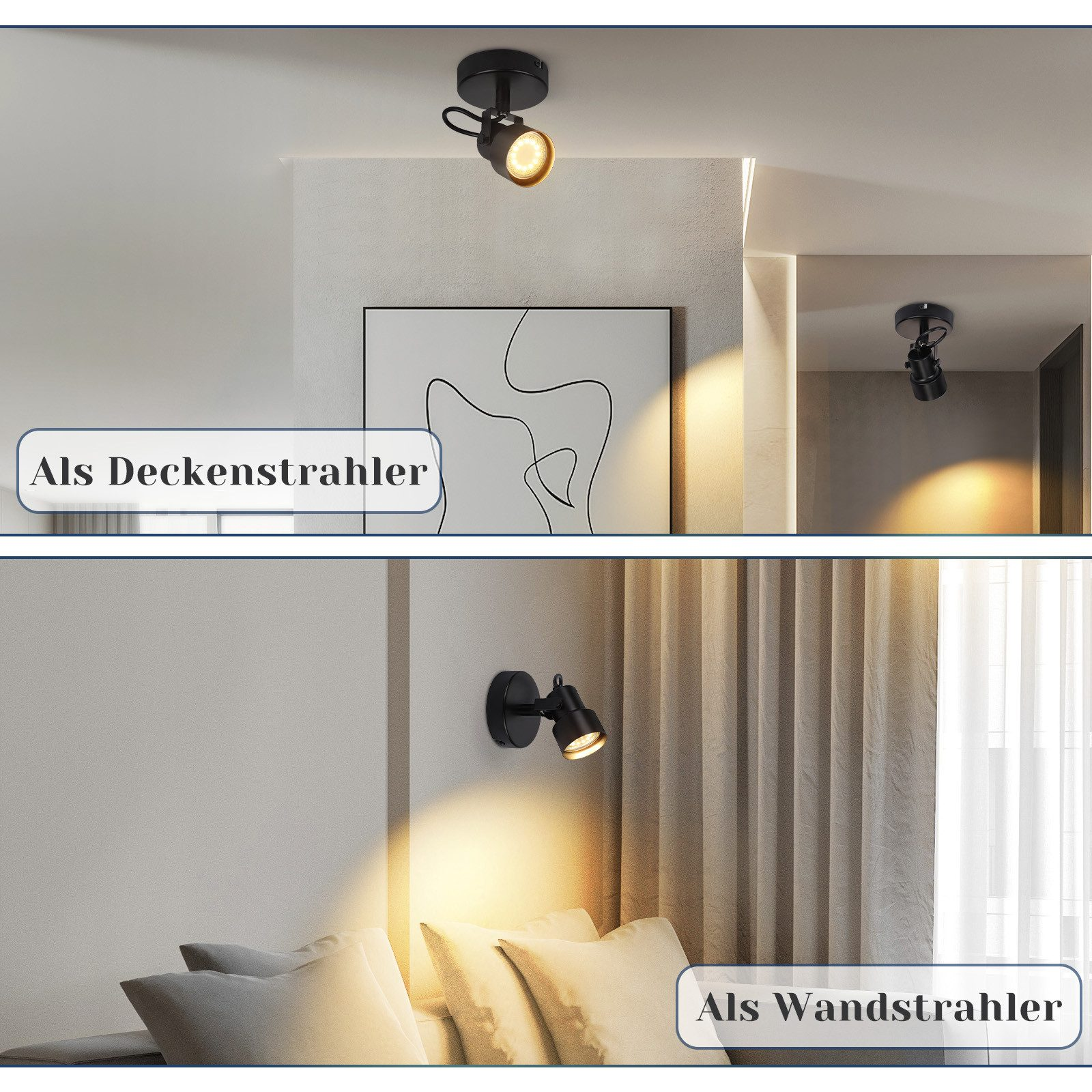 Dwa zdjęcia przedstawiające czarne reflektory na suficie i ścianie. Tekst opisuje instalację.