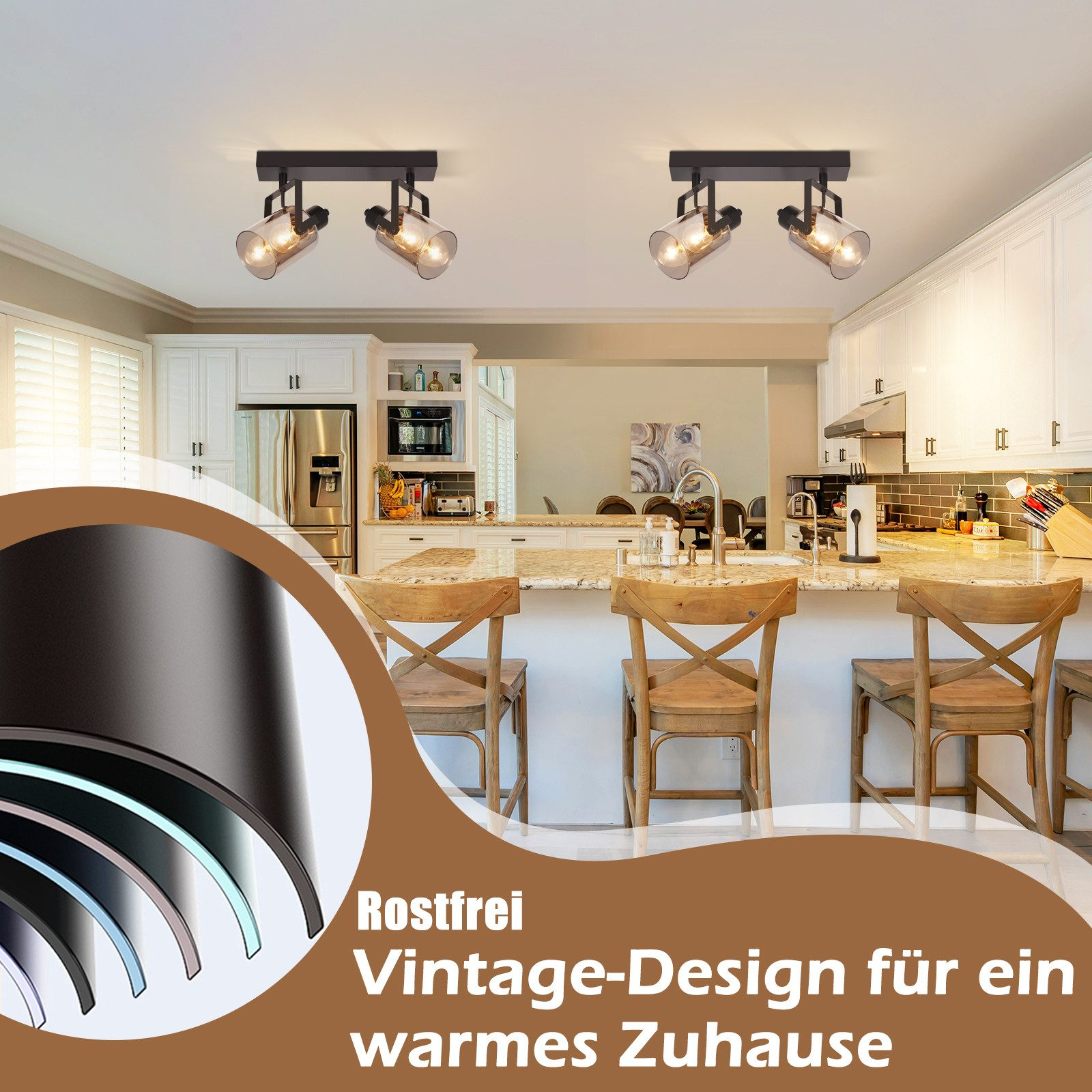 Kuchnia z oświetleniem sufitowym. Brązowe i białe szafki. Tekst po niemiecku.