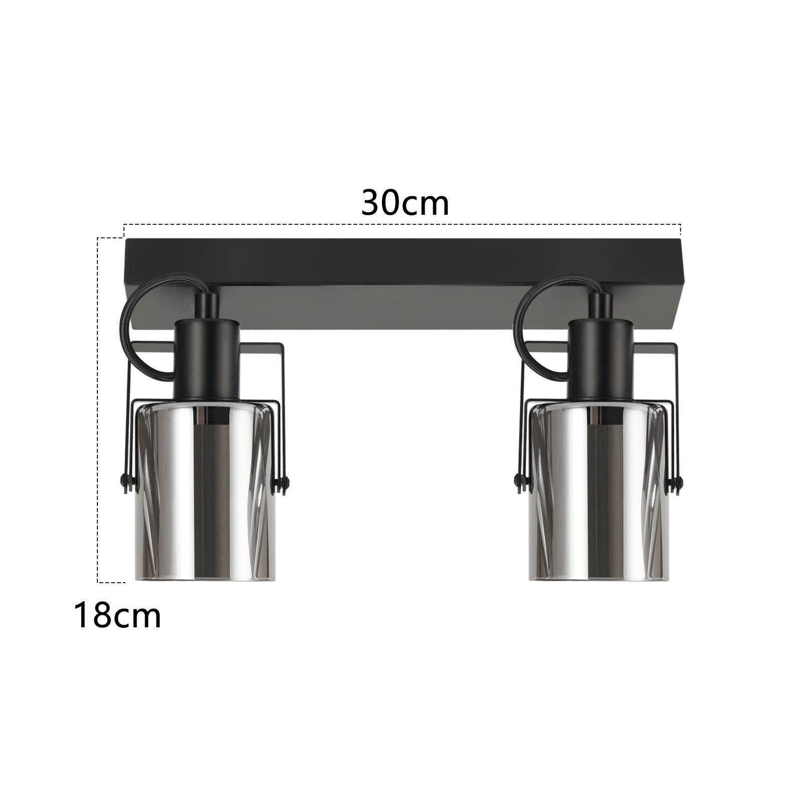 Czarna oprawa oświetleniowa z dwiema srebrnymi lampami. Wyświetlane są wymiary 30 cm x 18 cm. Czarne tło.