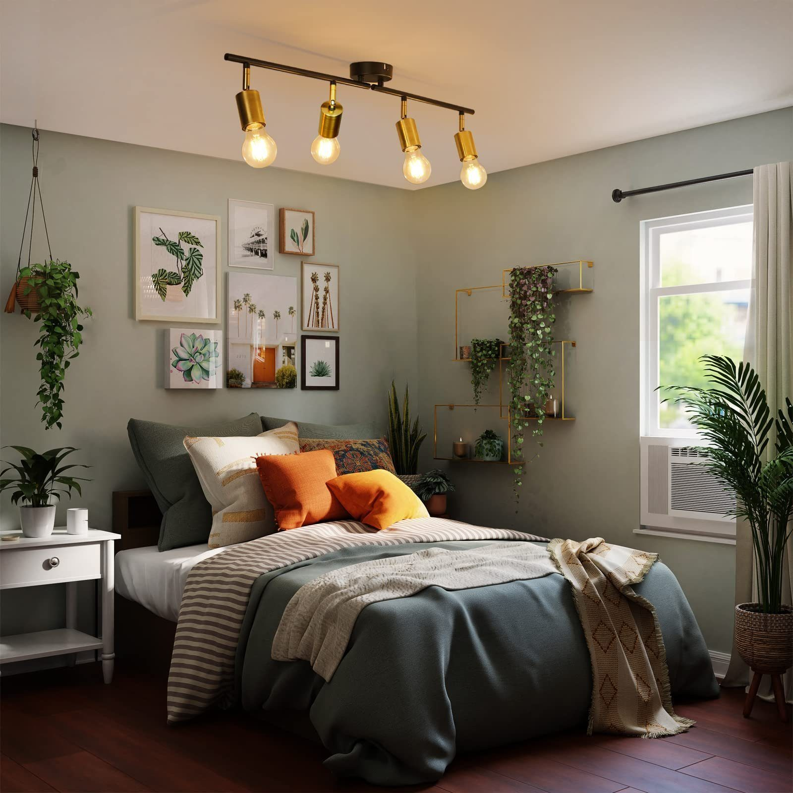 Scena sypialni z łóżkiem, sztuką na ścianie, roślinami i oświetleniem szynowym.