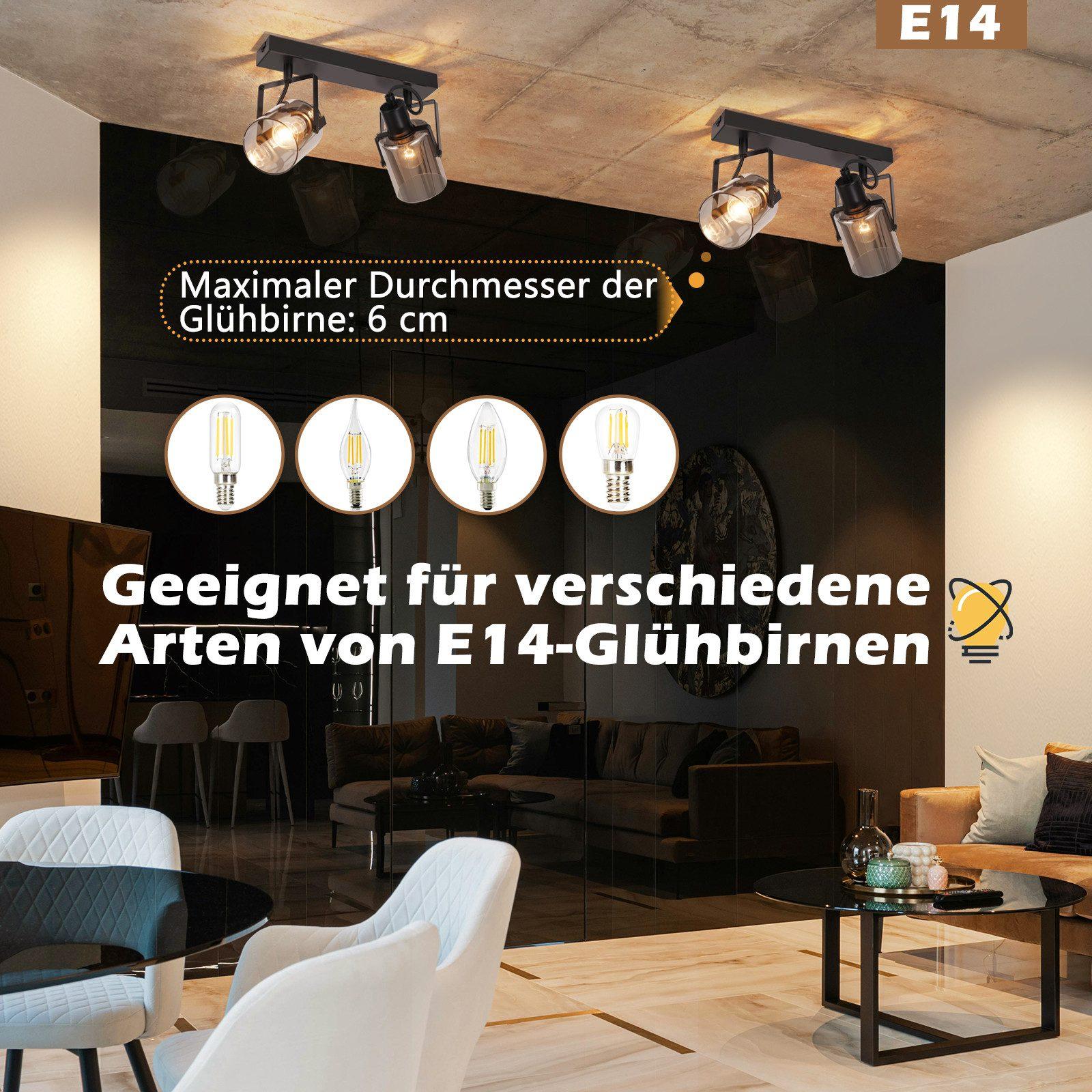 Dwa czarne reflektory z żarówkami, tekst o typach żarówek i wnętrze salonu.