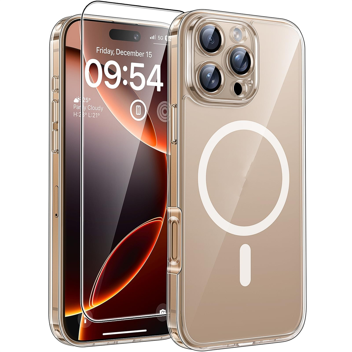 Transparente Handyhülle mit Handy und Displayschutzfolie. Beiger Hintergrund.