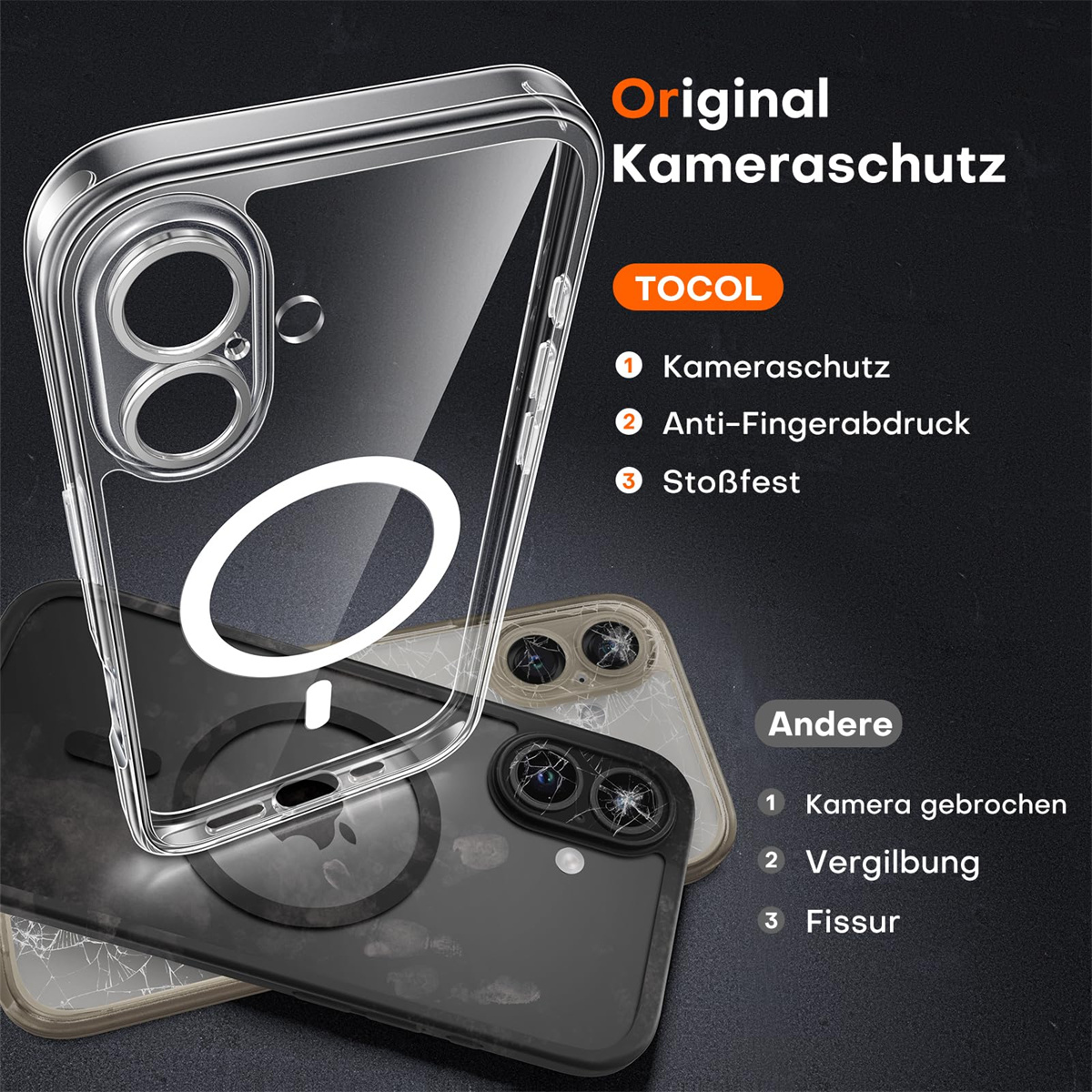 Klare Handyhülle mit Kameraschutz und ein paar beschädigte Handyhüllen.