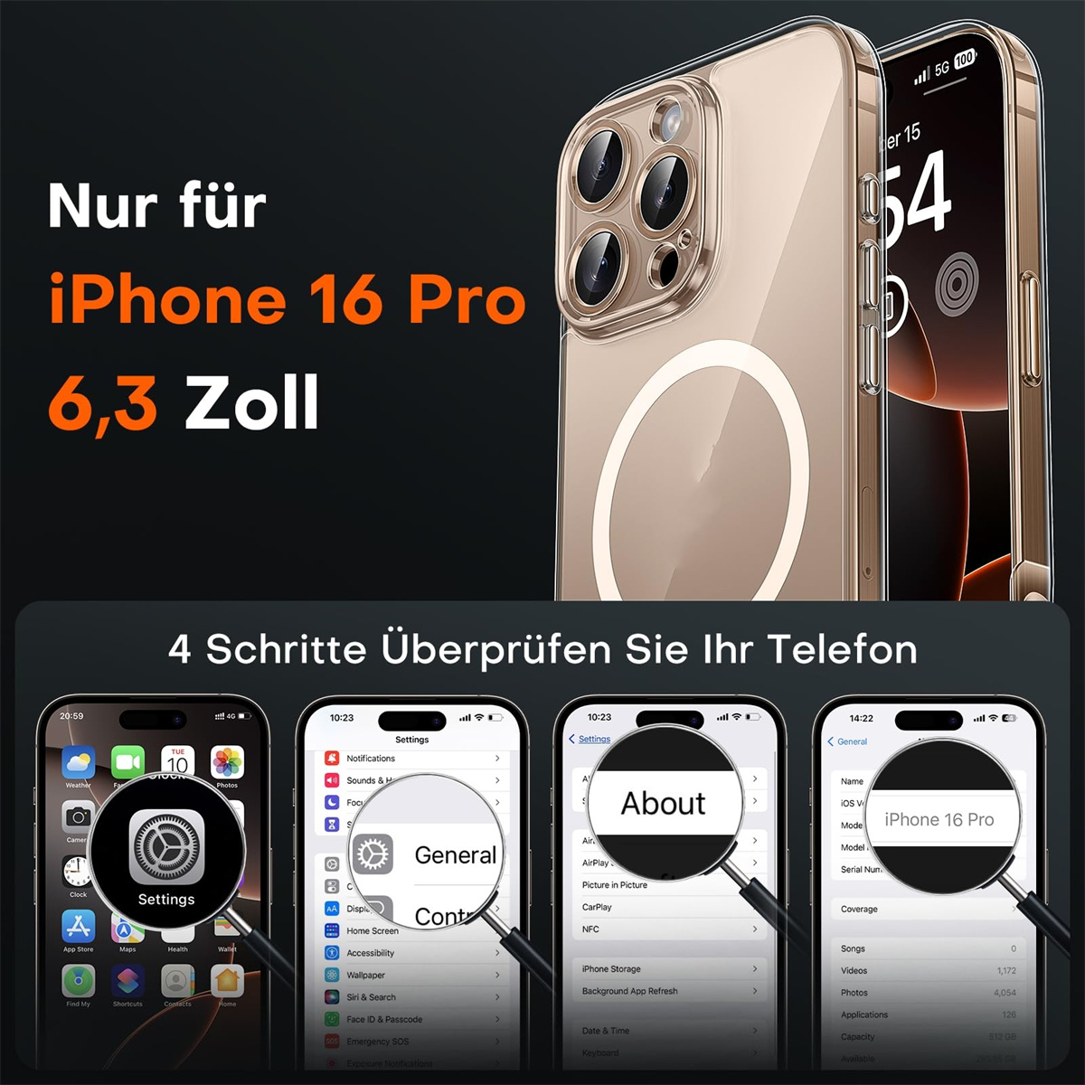 iPhone 16 Pro und Hüllen. Drei Bildschirme mit Lupen zeigen Einstellungen.