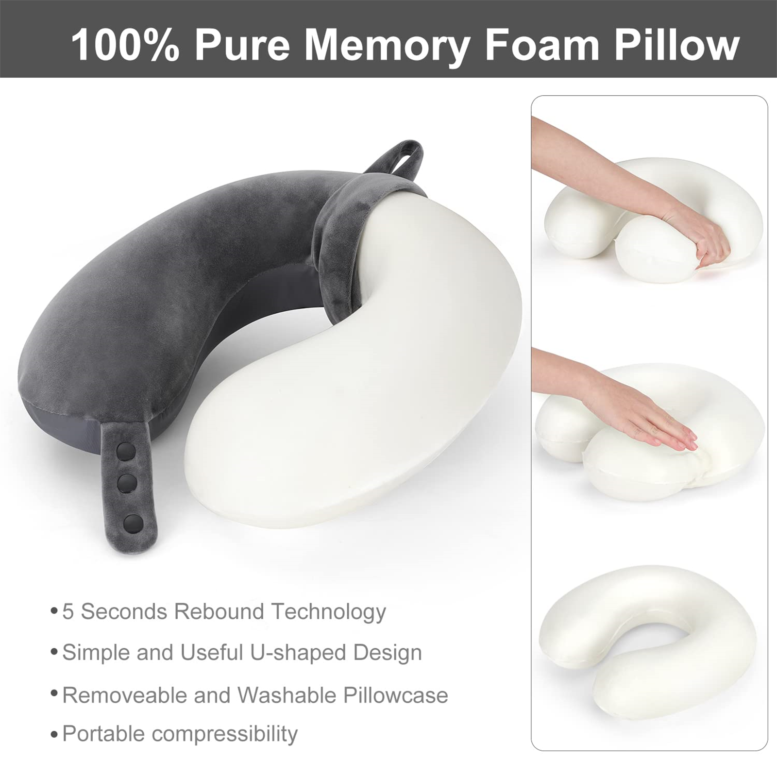 Ein weißes U-förmiges Memory-Foam-Kissen. Drei Hände interagieren damit, um seine Form und Weichheit zu demonstrieren.