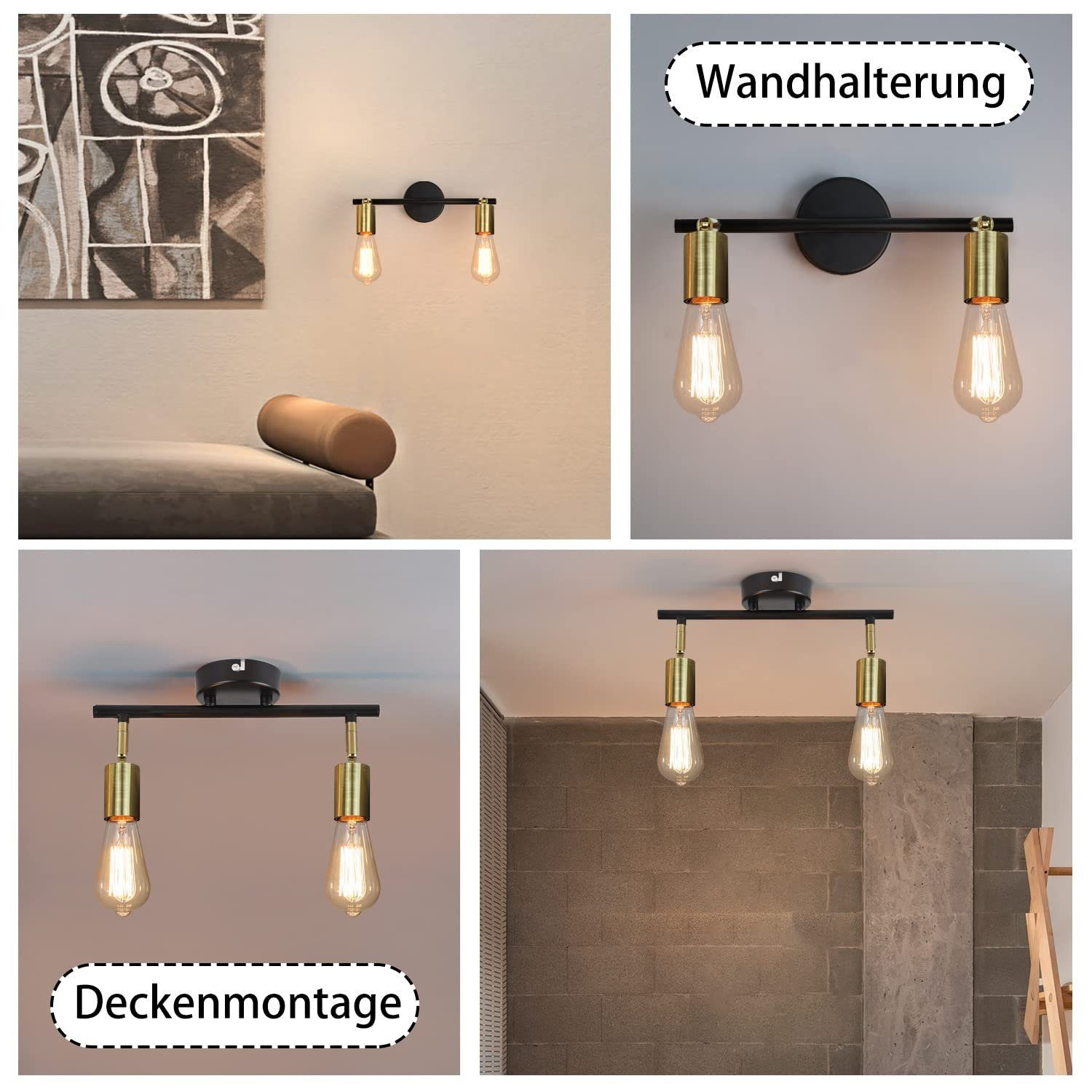 Obrazy opraw oświetleniowych w różnych ustawieniach. Oprawy mają złote akcenty i odsłonięte żarówki.