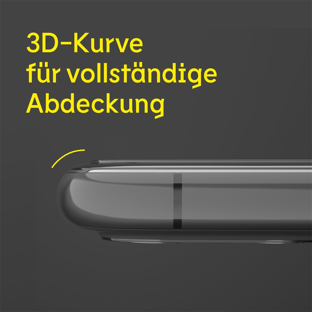 Nahaufnahme eines gebogenen Displayschutzglases für Telefone, wobei eine 3D-Krümmung für volle Abdeckung betont wird.