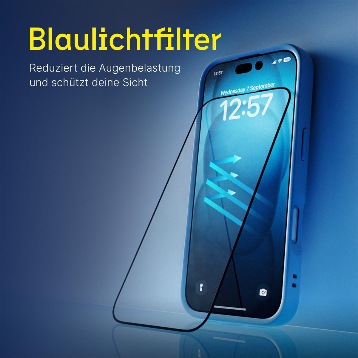 Telefon mit Displayschutz und blauem Gehäuse. Text behandelt Blaulichtfilter.