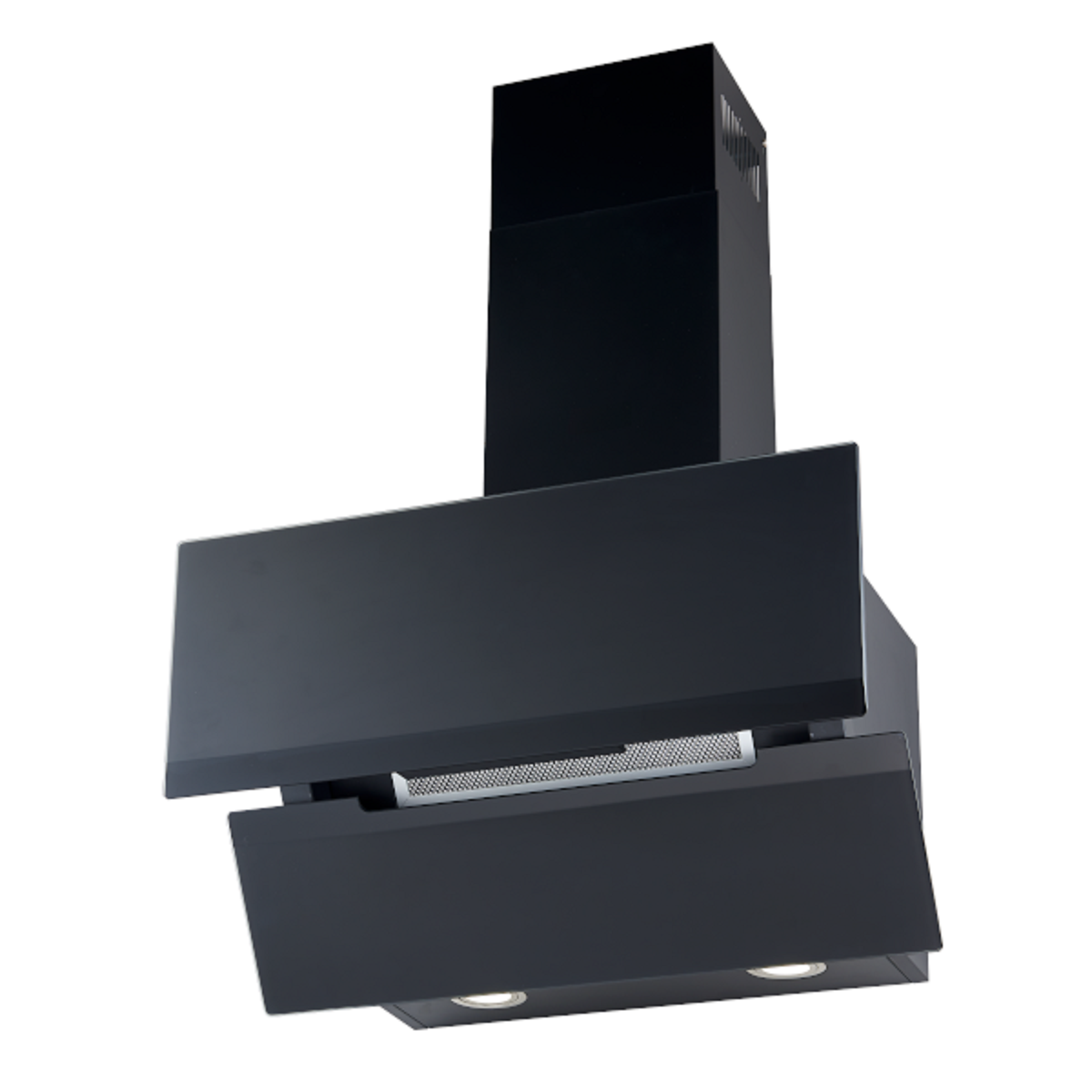 Eine schwarze Dunstabzugshaube mit zwei Lichtern unten und einem schlanken, modernen Design auf weißem Hintergrund.