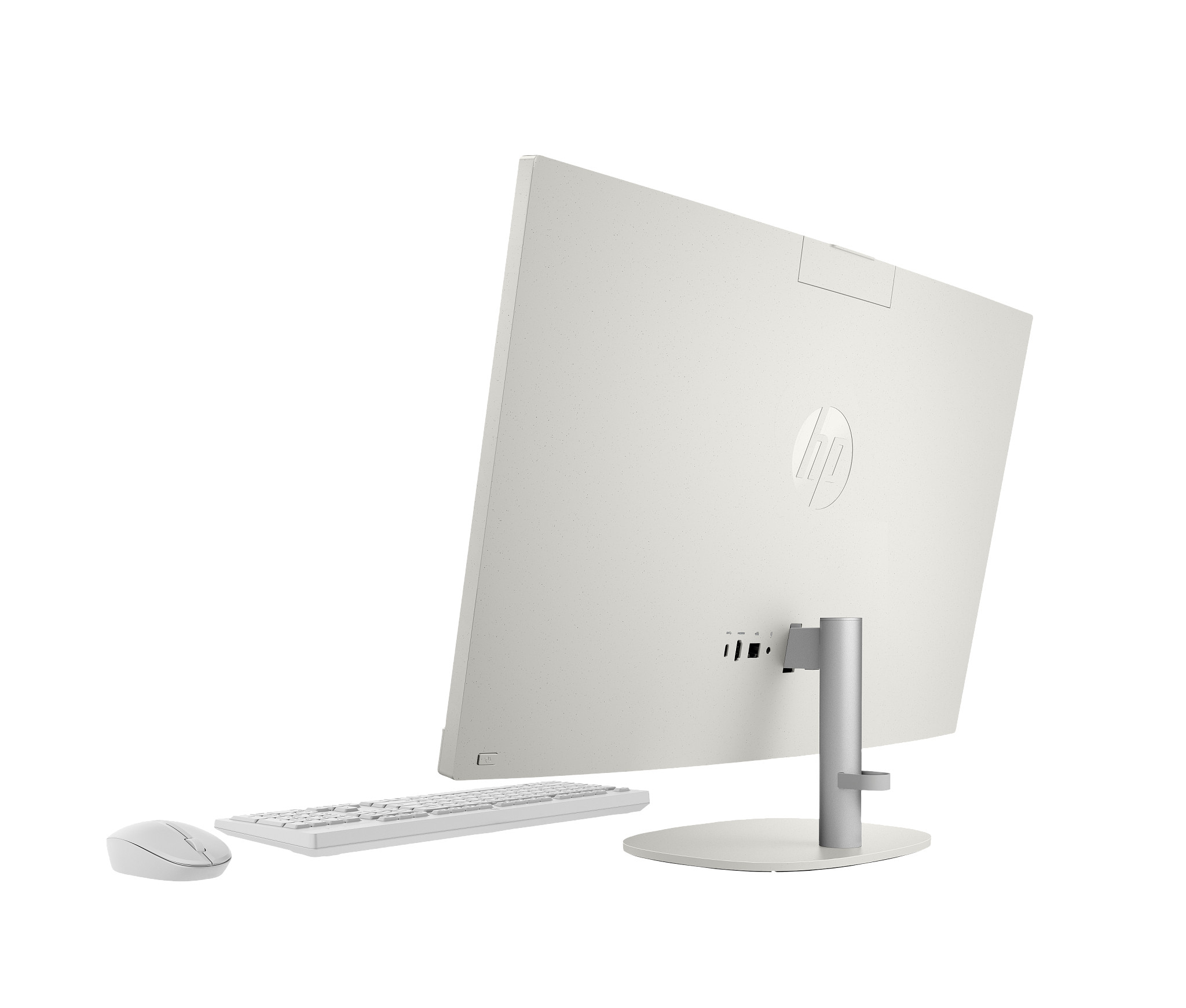 Biały komputer HP all-in-one, klawiatura i mysz, widok z tyłu.