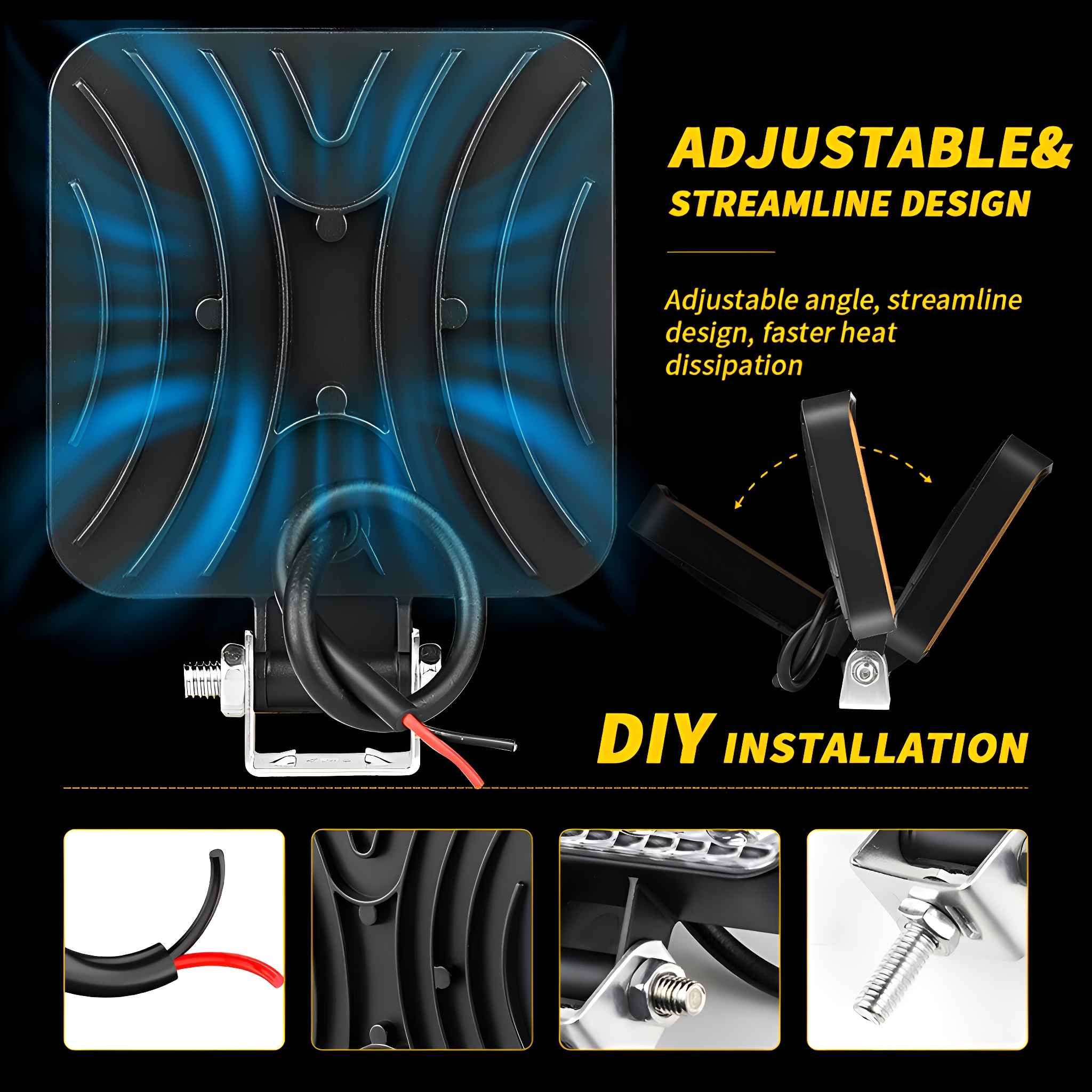Quadratischer LED-Scheinwerfer mit schwarzem Rahmen. Bild zeigt einstellbaren Winkel.
