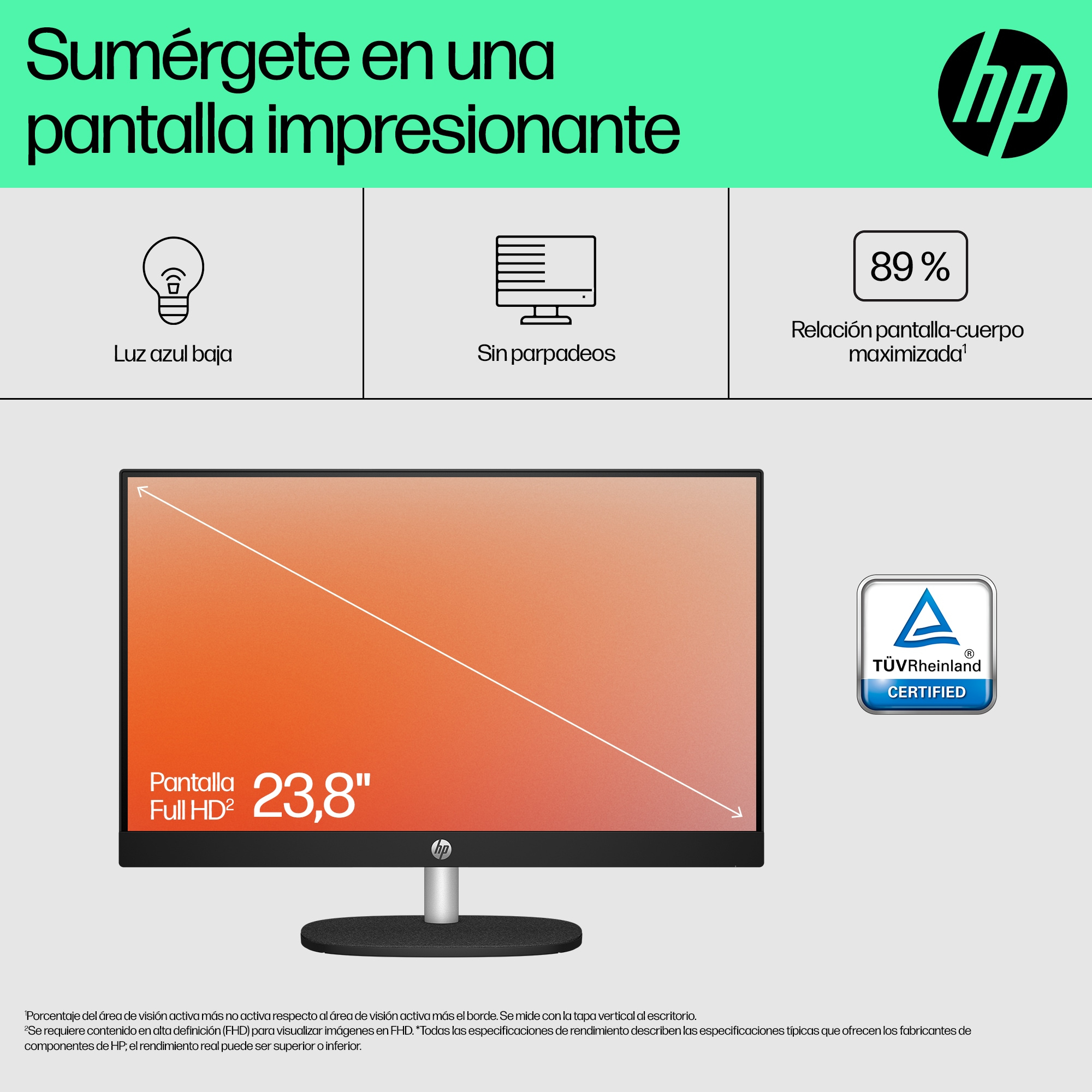 Monitor HP z tekstem i ikonami. Schemat kolorów: pomarańczowy, czarny i biały. Niskie niebieskie światło.