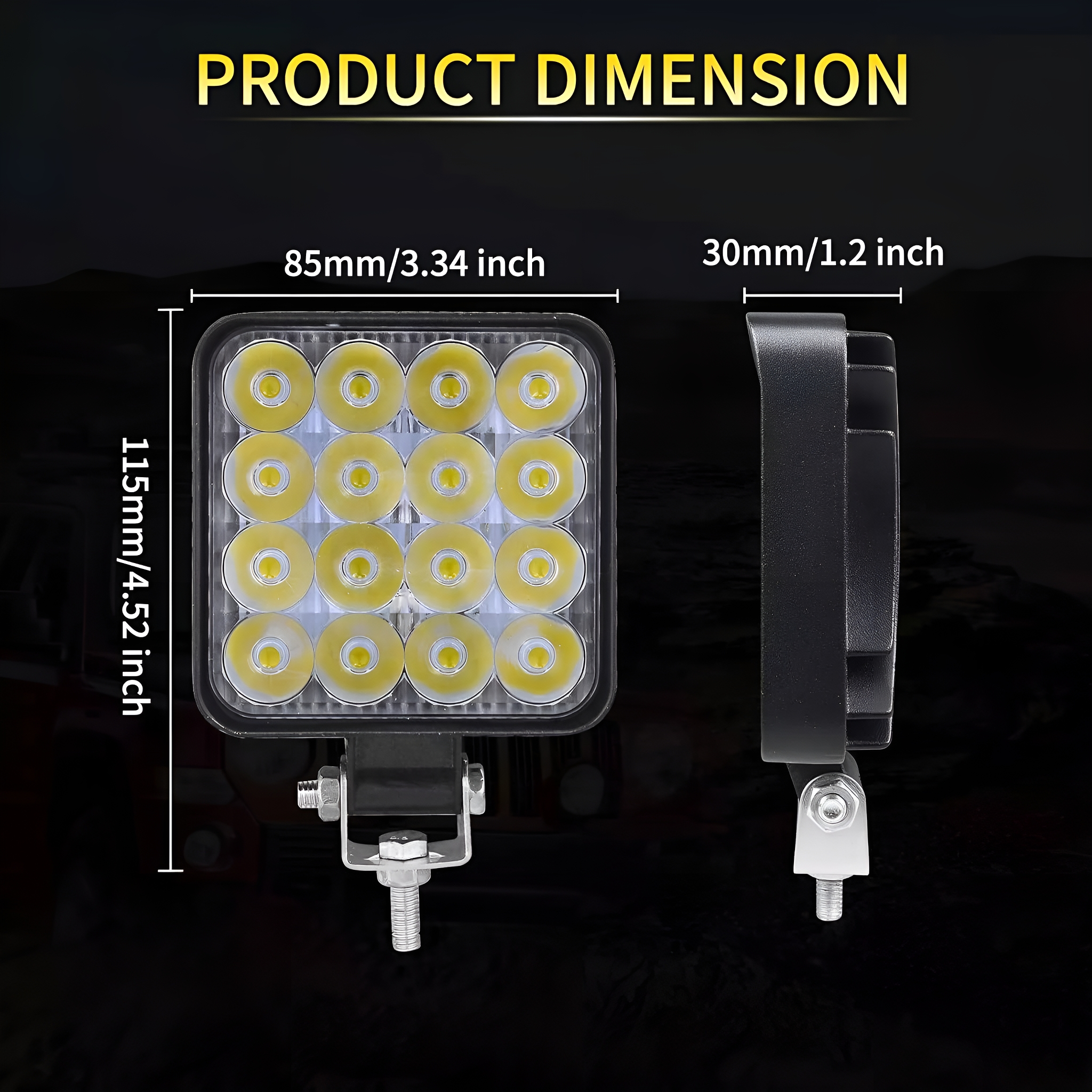 Zwei quadratische LED-Leuchten mit beschrifteten Abmessungen auf schwarzem Hintergrund. Produktabmessungen werden angezeigt.