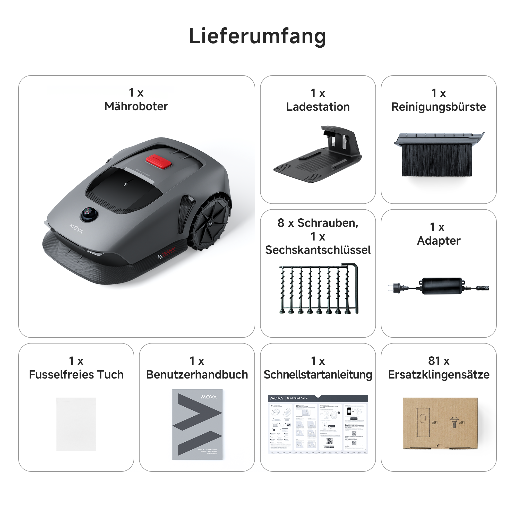Eine Illustration, die die Komponenten eines Roboter-Rasenmähers zeigt. Enthält den Mäher, das Ladegerät und diverses Zubehör.