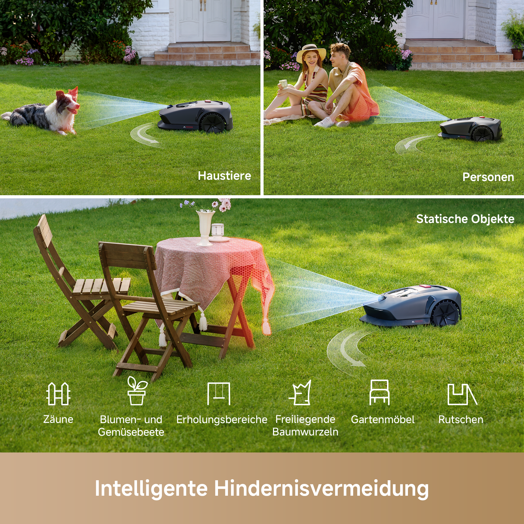 Rasenmäher in einem Garten mit Menschen und einem Hund. Text, Hindernisse.
