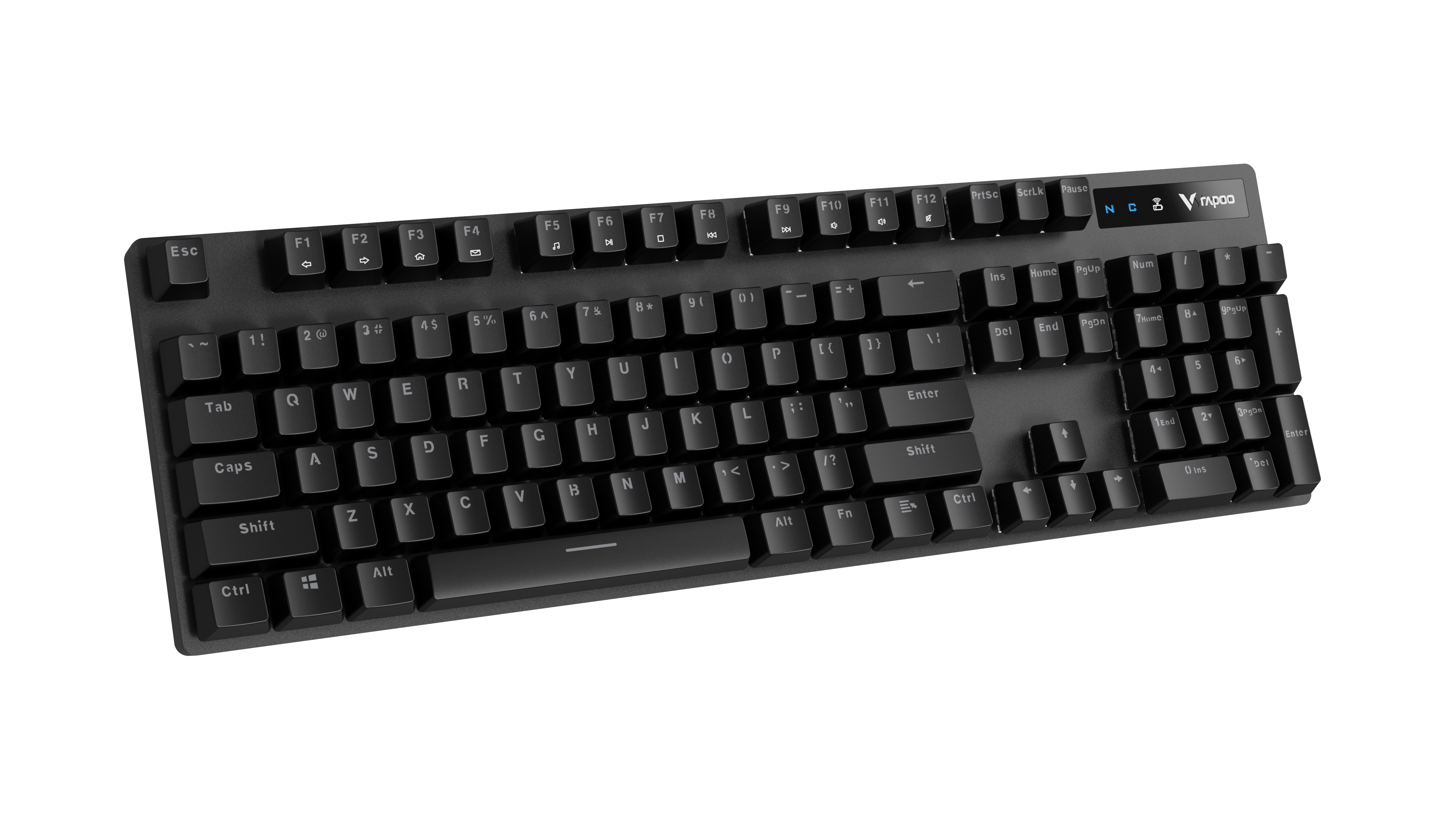 Un teclado negro con letras blancas, sobre un fondo blanco.