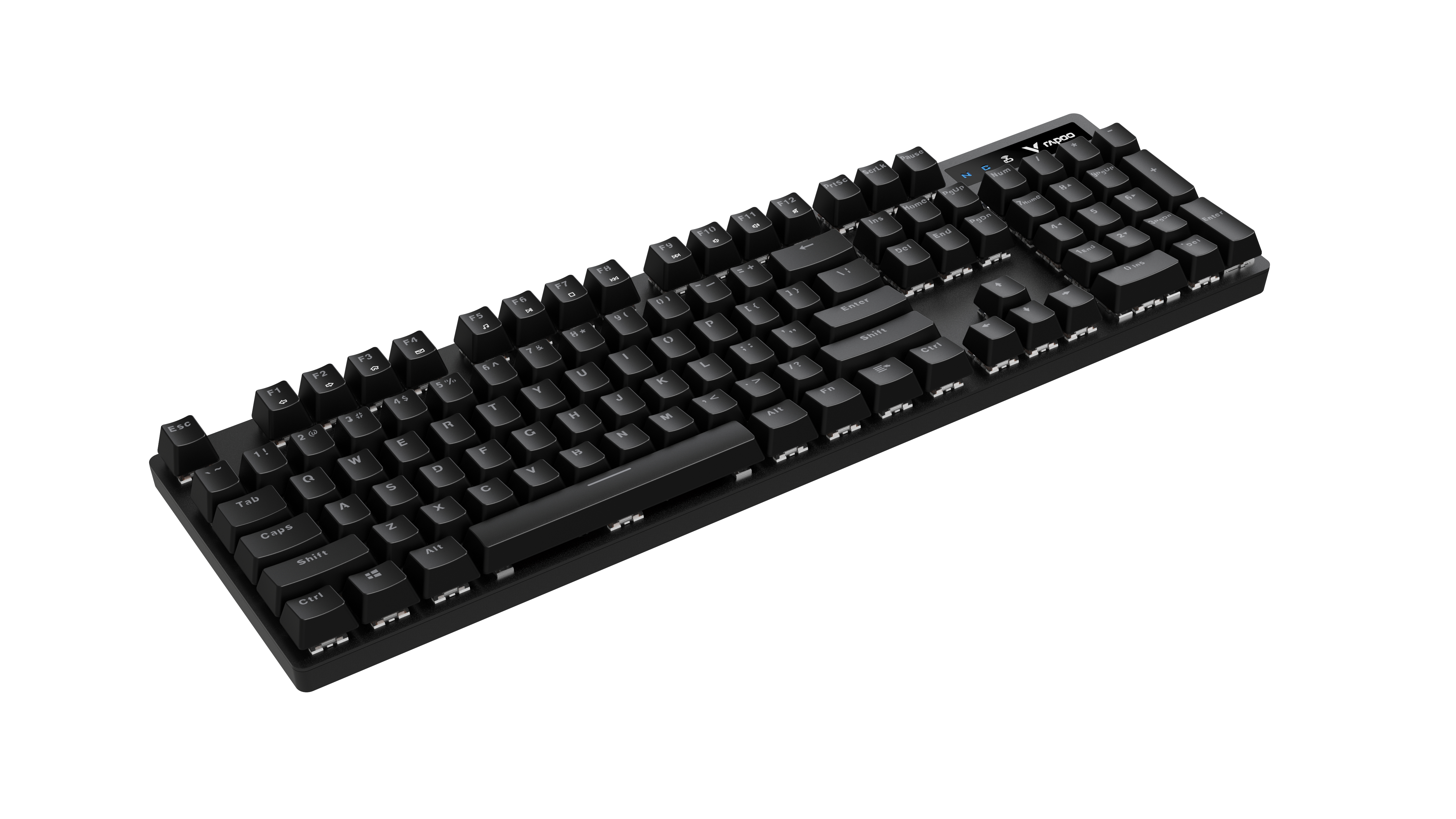 Teclado negro sobre fondo blanco. El teclado está inclinado y tiene muchas teclas. El logo es FNEDO.