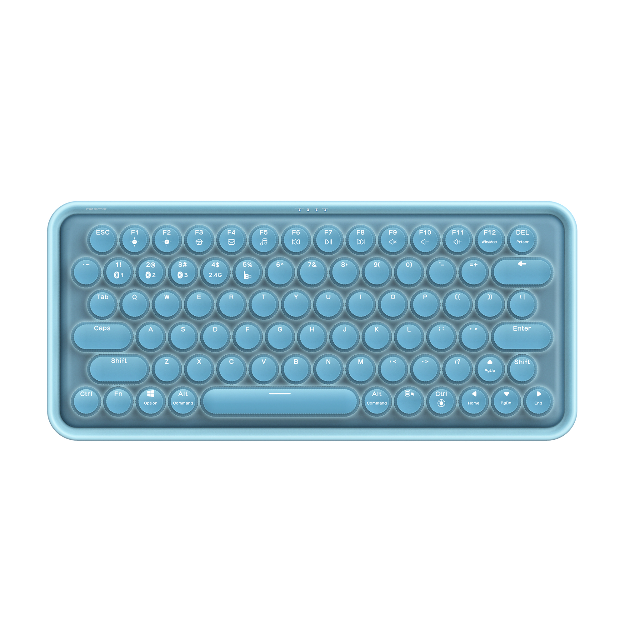 Hellblaue Tastatur mit weißen Tasten. Es ist eine kompakte, drahtlose Tastatur.