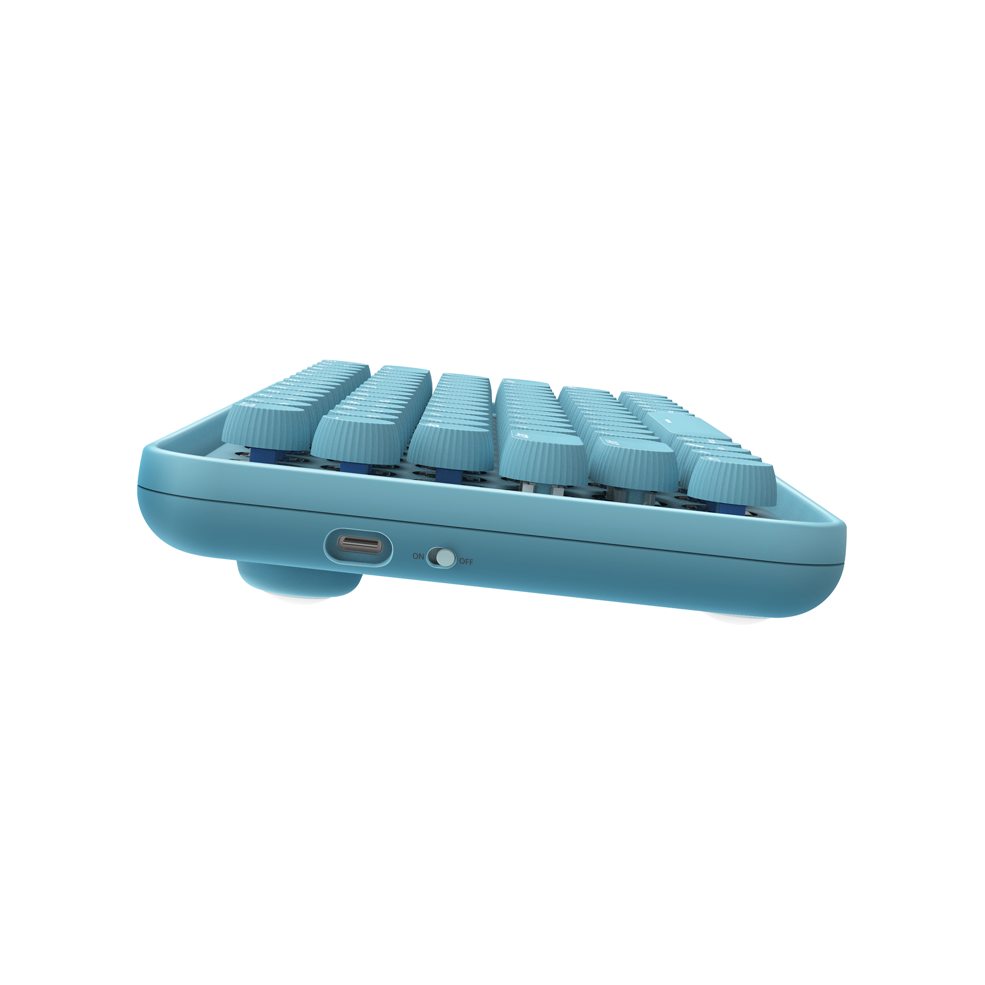 Blaue mechanische Tastatur, Seitenansicht, mit erhöhten Tastenkappen, Ein-/Ausschalter.