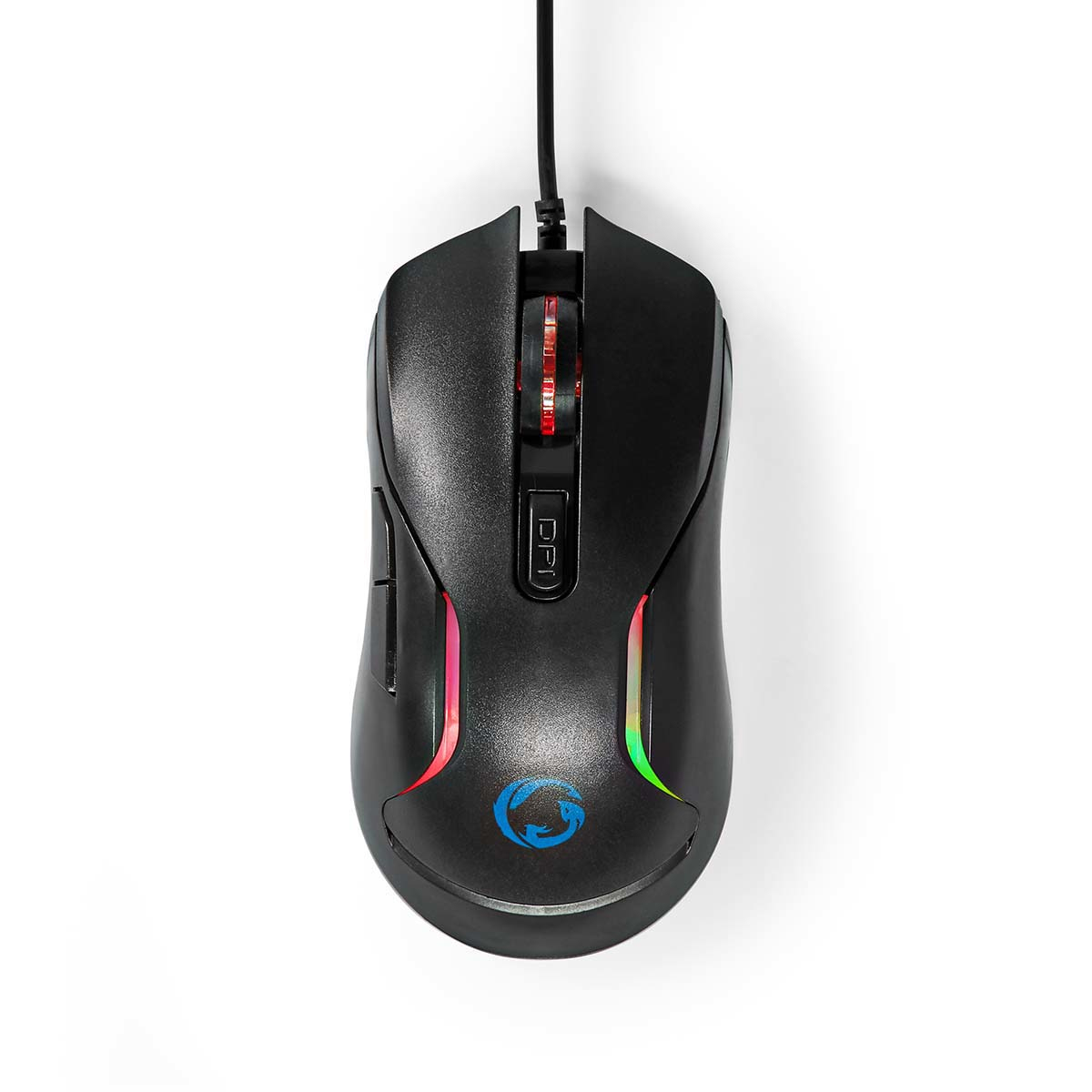 Souris de jeu noire avec des lumières rouges, vertes et bleues. Montre le bouton DPI et un logo.