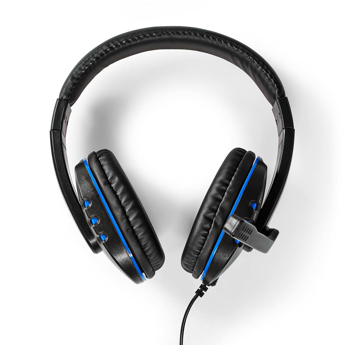 Casque de jeu noir et bleu sur fond blanc. Le casque est de type serre-tête.
