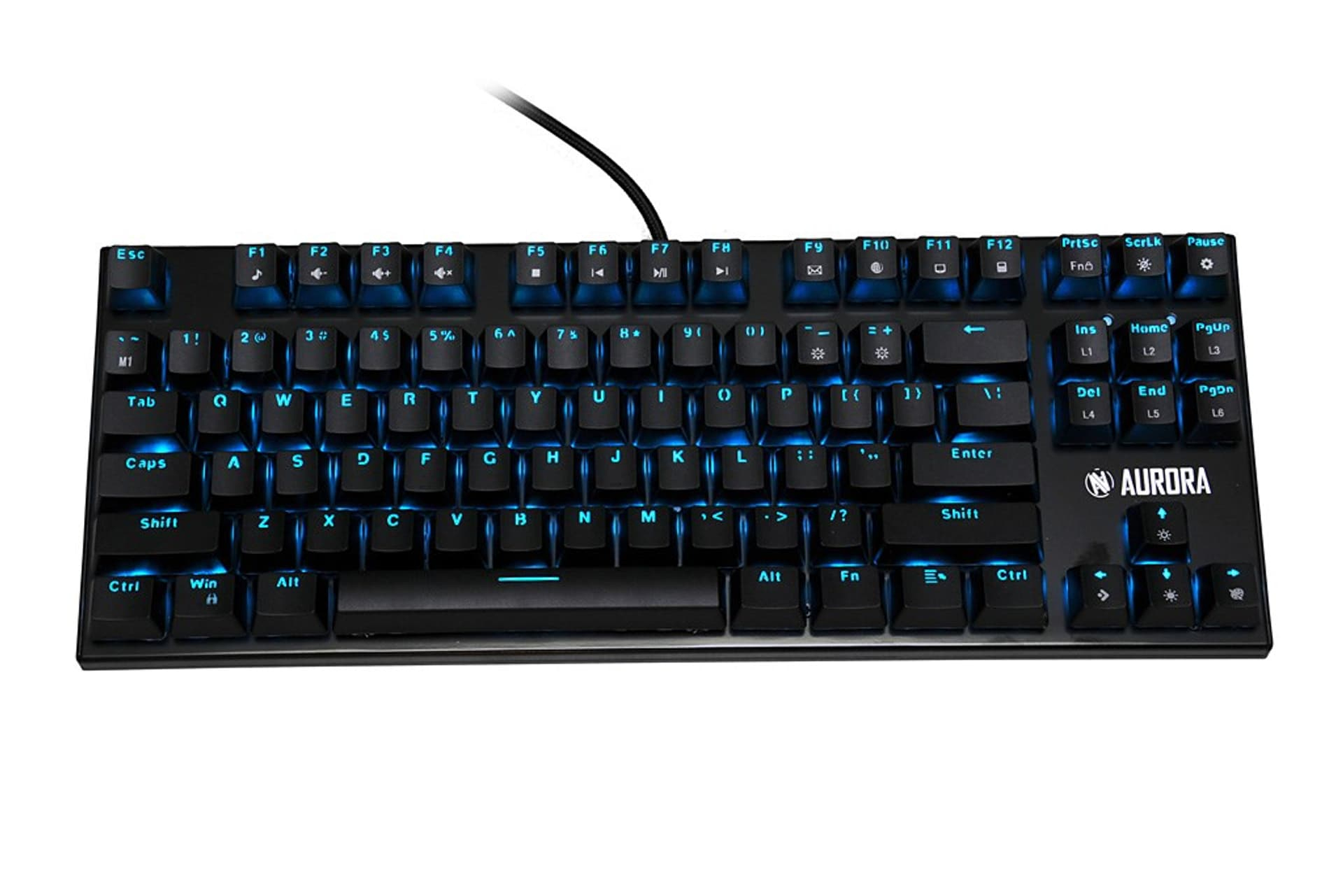 Tastiera nera con tasti retroilluminati blu. Il marchio 'Aurora' è visibile sul lato destro.