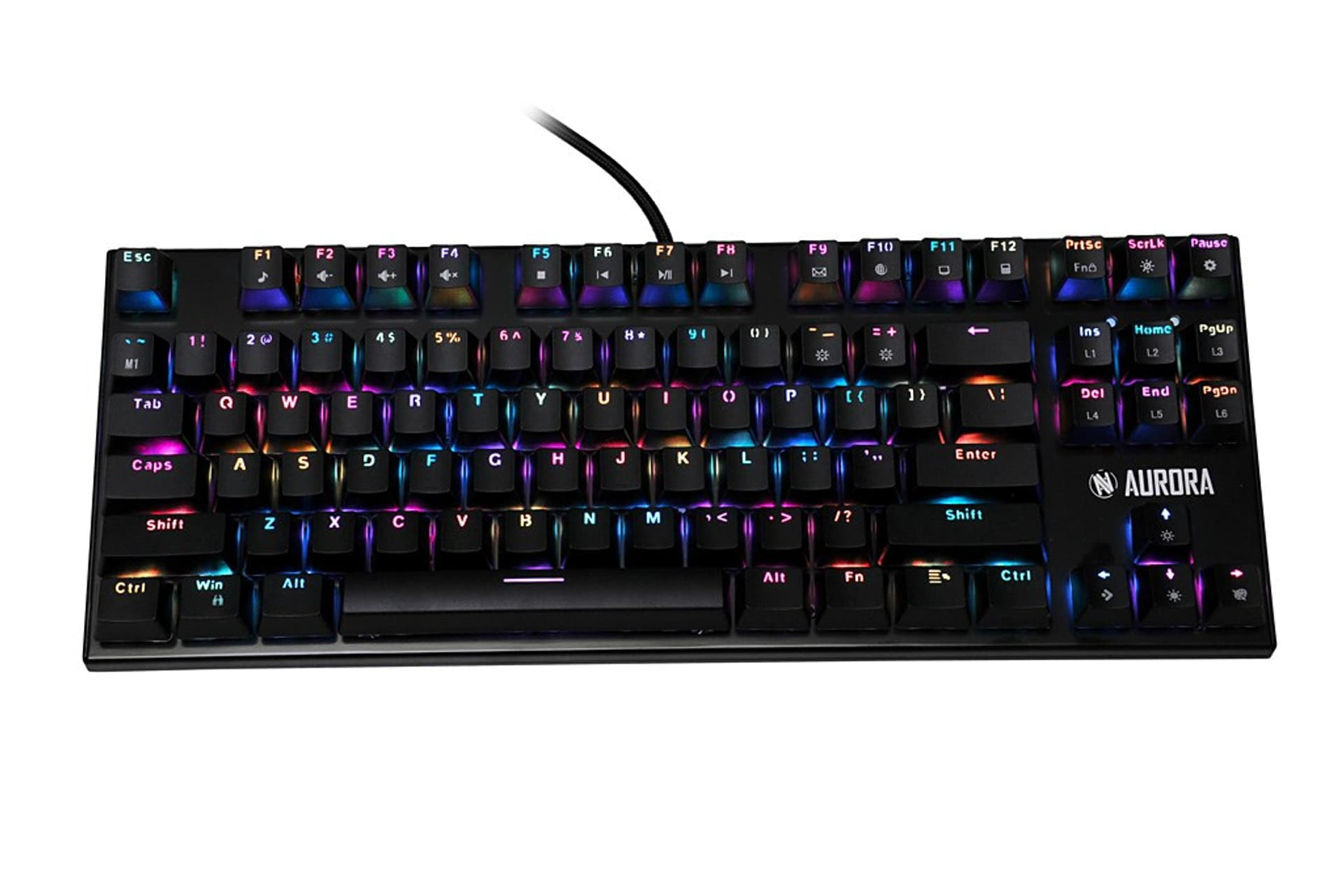 Tastiera nera con tasti multicolore. La tastiera ha un layout USA ed è retroilluminata.