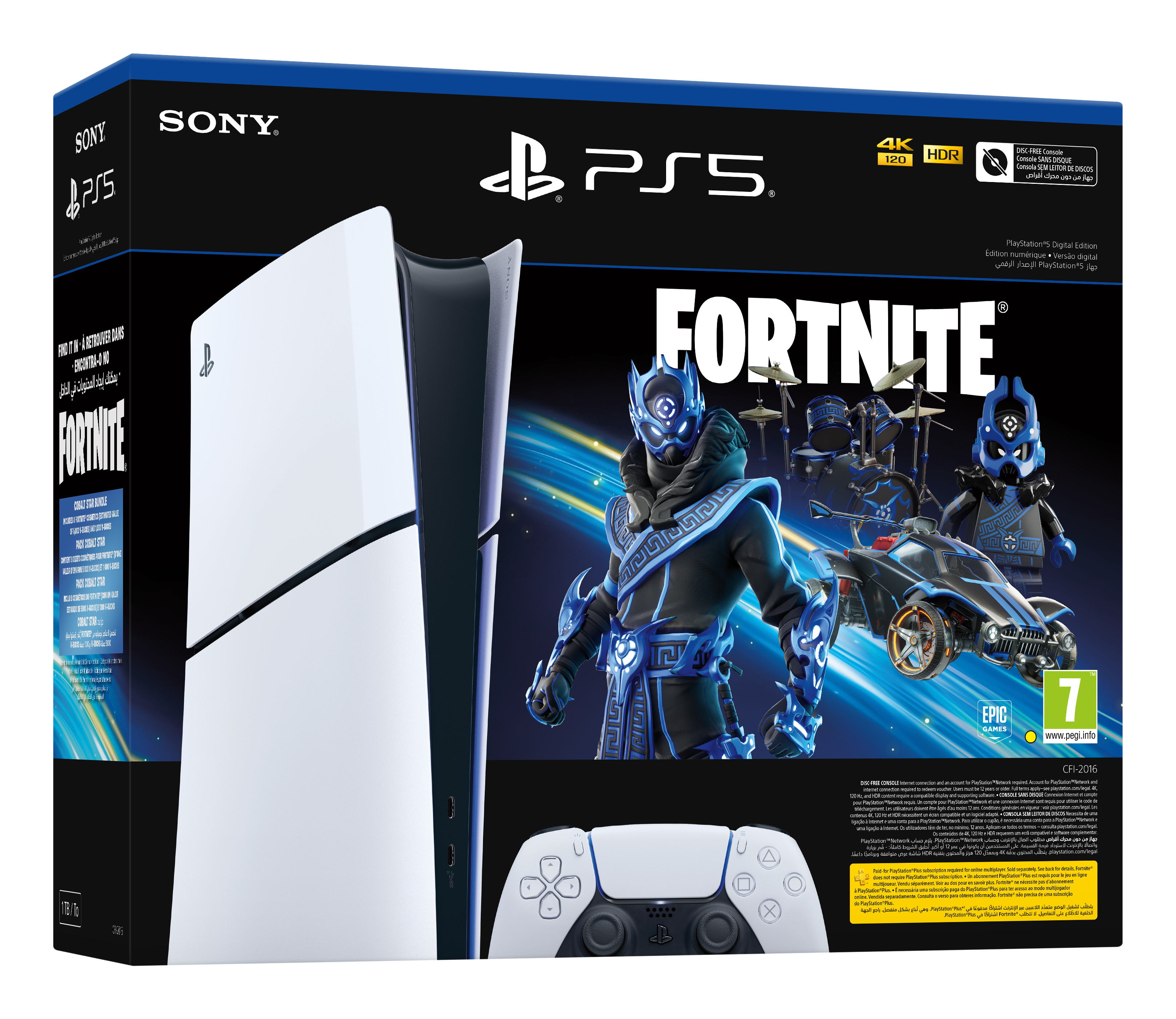 Fortnite karakterleri, konsol ve kontrolcü içeren PS5 kutusu. Siyah beyaz.