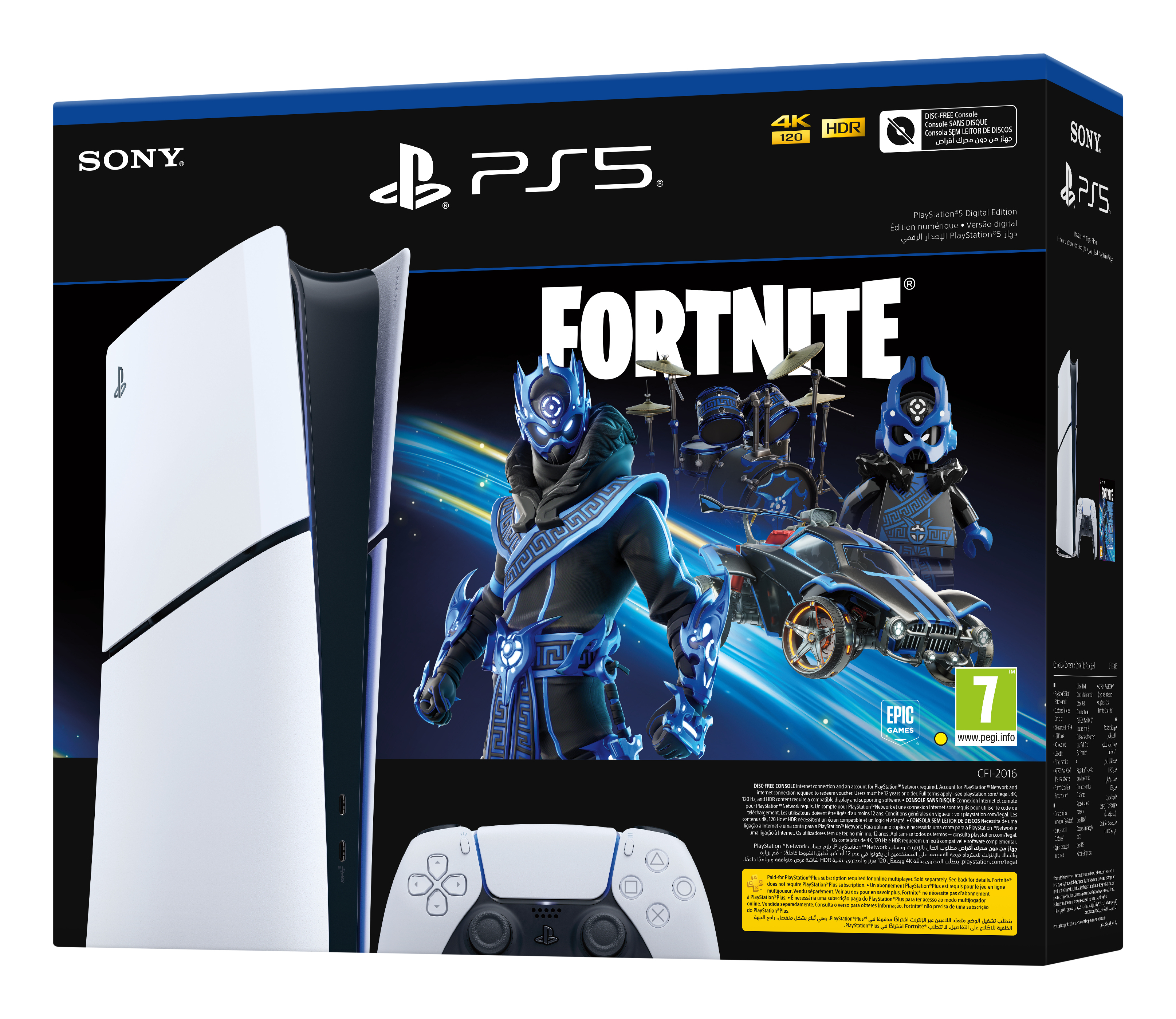 Fortnite karakterleri, konsol ve kontrolcü içeren PS5 kutusu. Siyah beyaz.